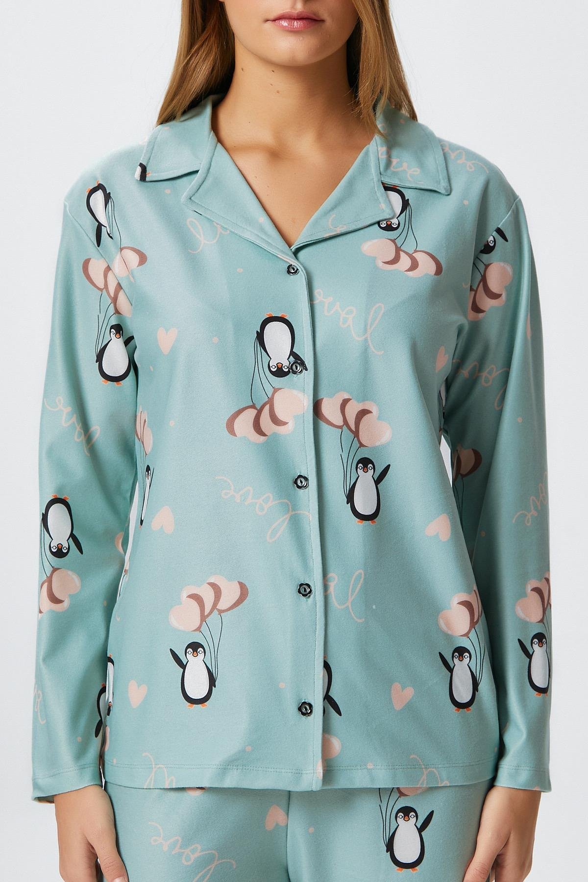 Kadın Nora Premium Mint Penguen Süet Doku Düğmeli Yılbaşı Pijama Takımı