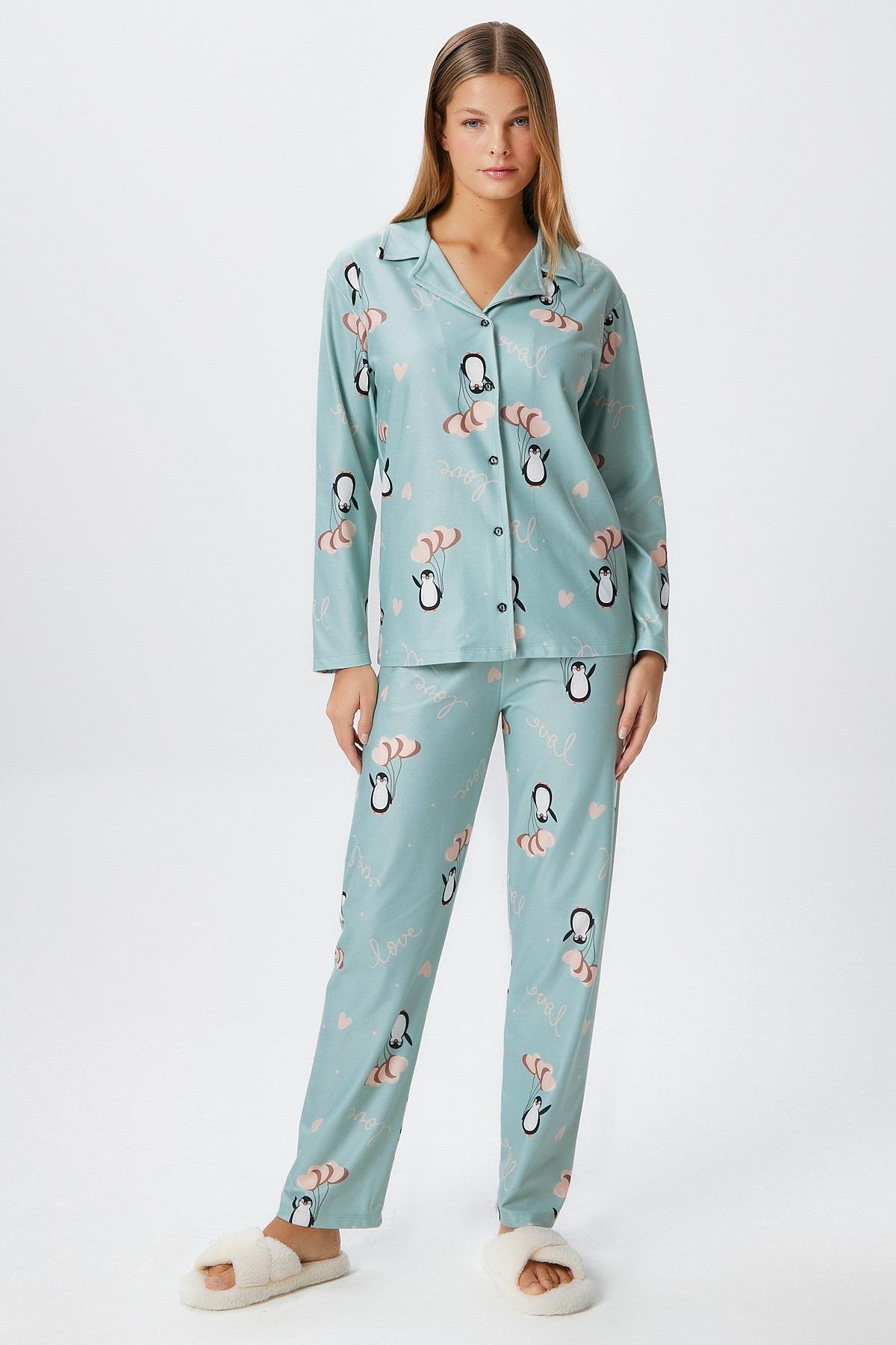 Kadın Nora Premium Mint Penguen Süet Doku Düğmeli Yılbaşı Pijama Takımı