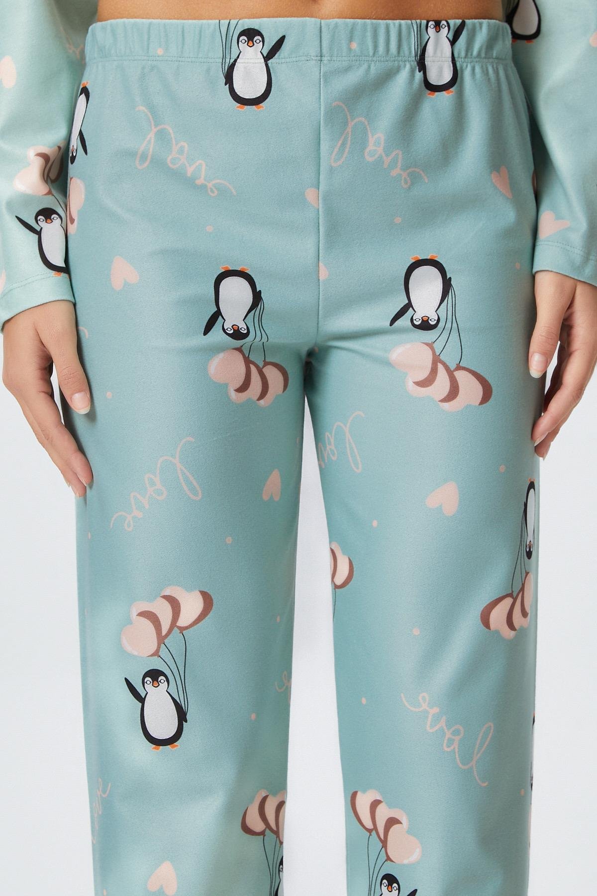 Kadın Nora Premium Mint Penguen Süet Doku Düğmeli Yılbaşı Pijama Takımı