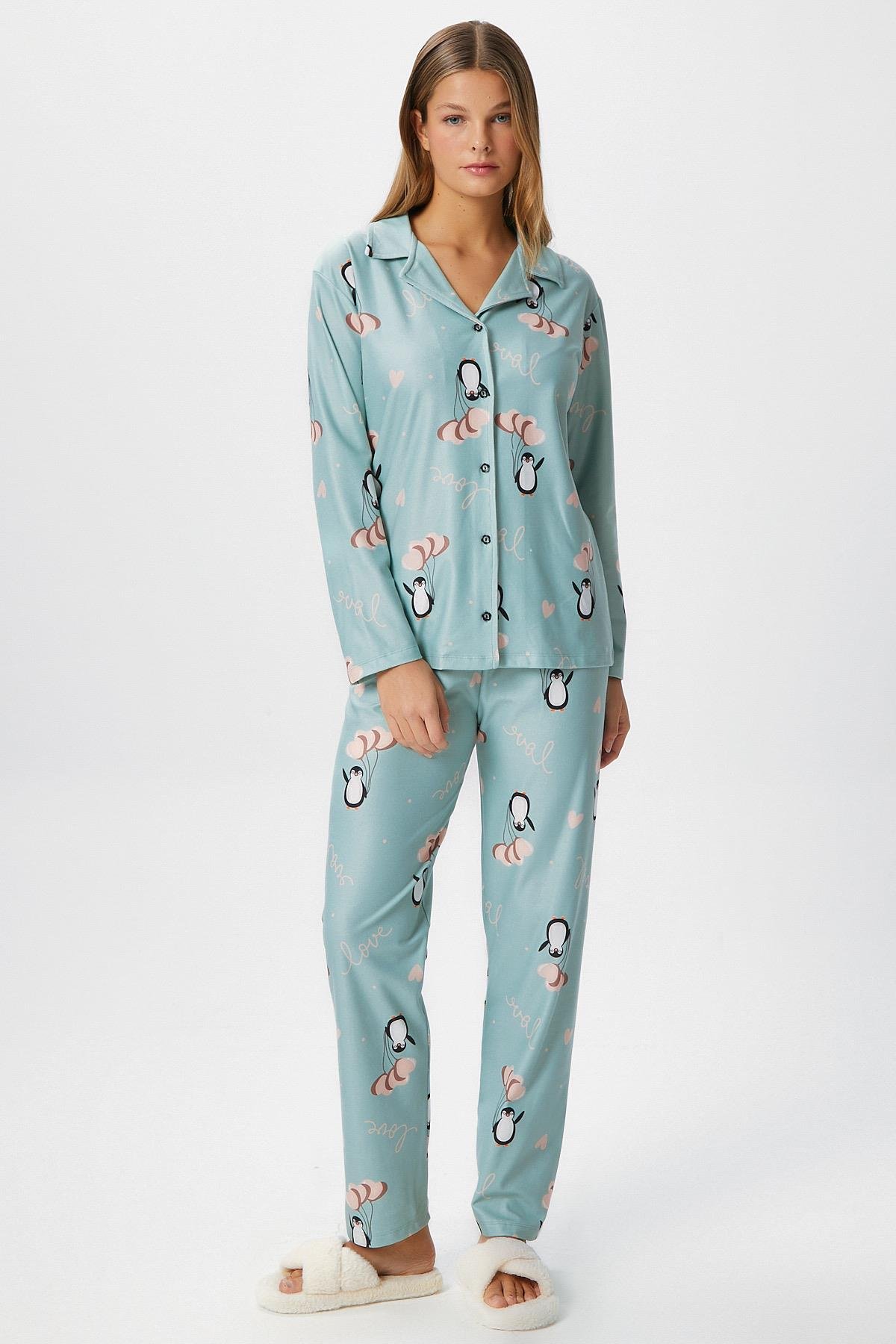 Kadın Nora Premium Mint Penguen Süet Doku Düğmeli Yılbaşı Pijama Takımı