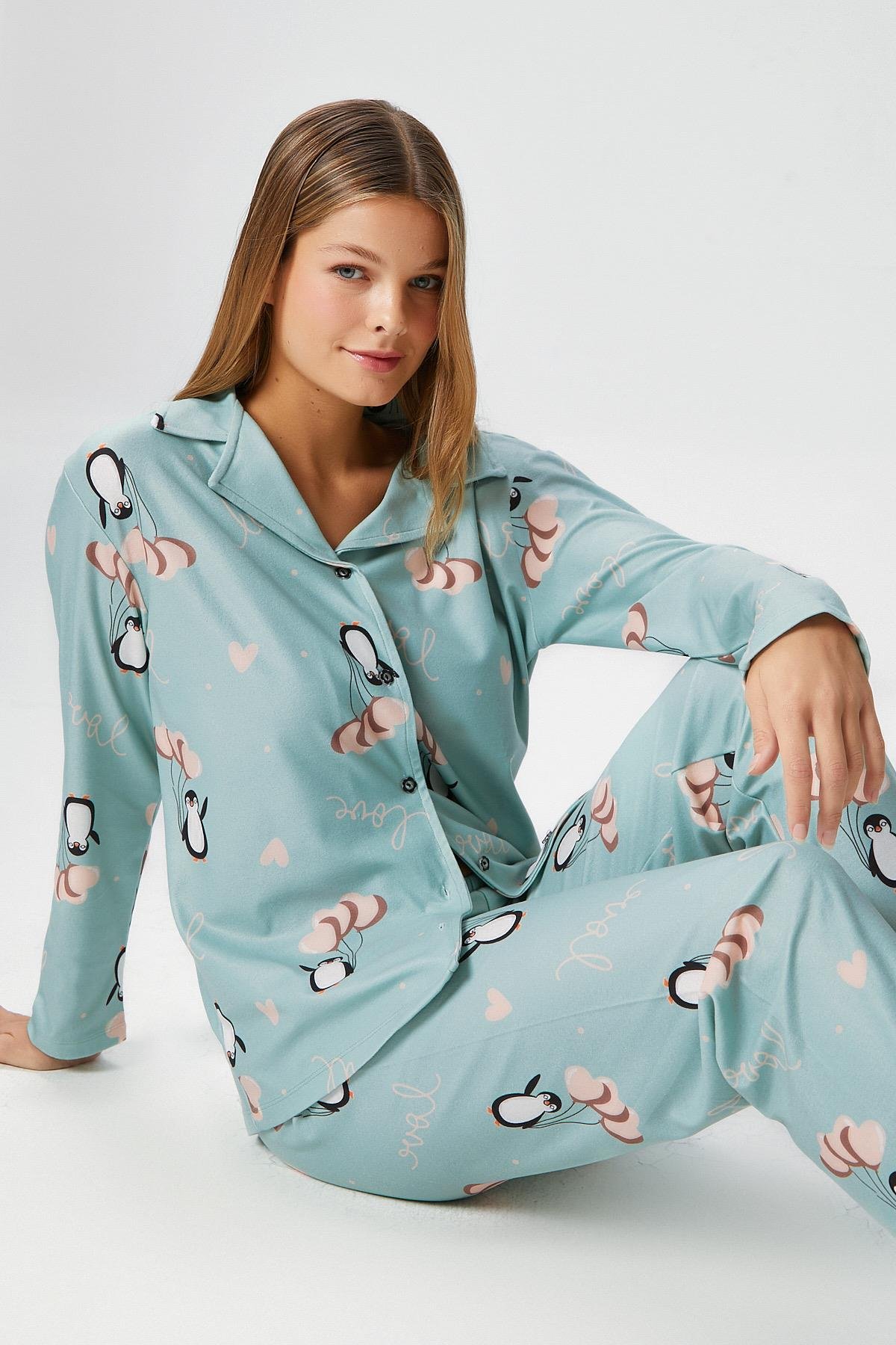 Kadın Nora Premium Mint Penguen Süet Doku Düğmeli Yılbaşı Pijama Takımı