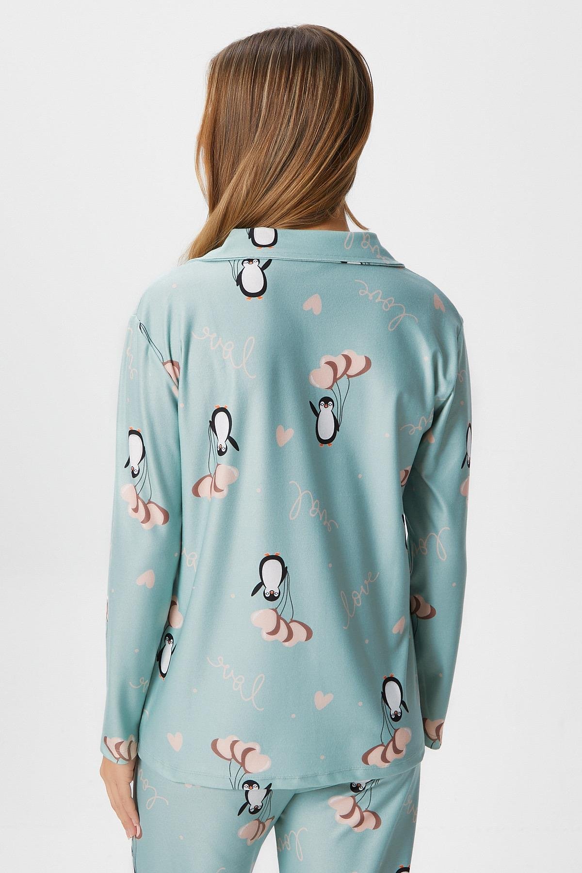 Kadın Nora Premium Mint Penguen Süet Doku Düğmeli Yılbaşı Pijama Takımı