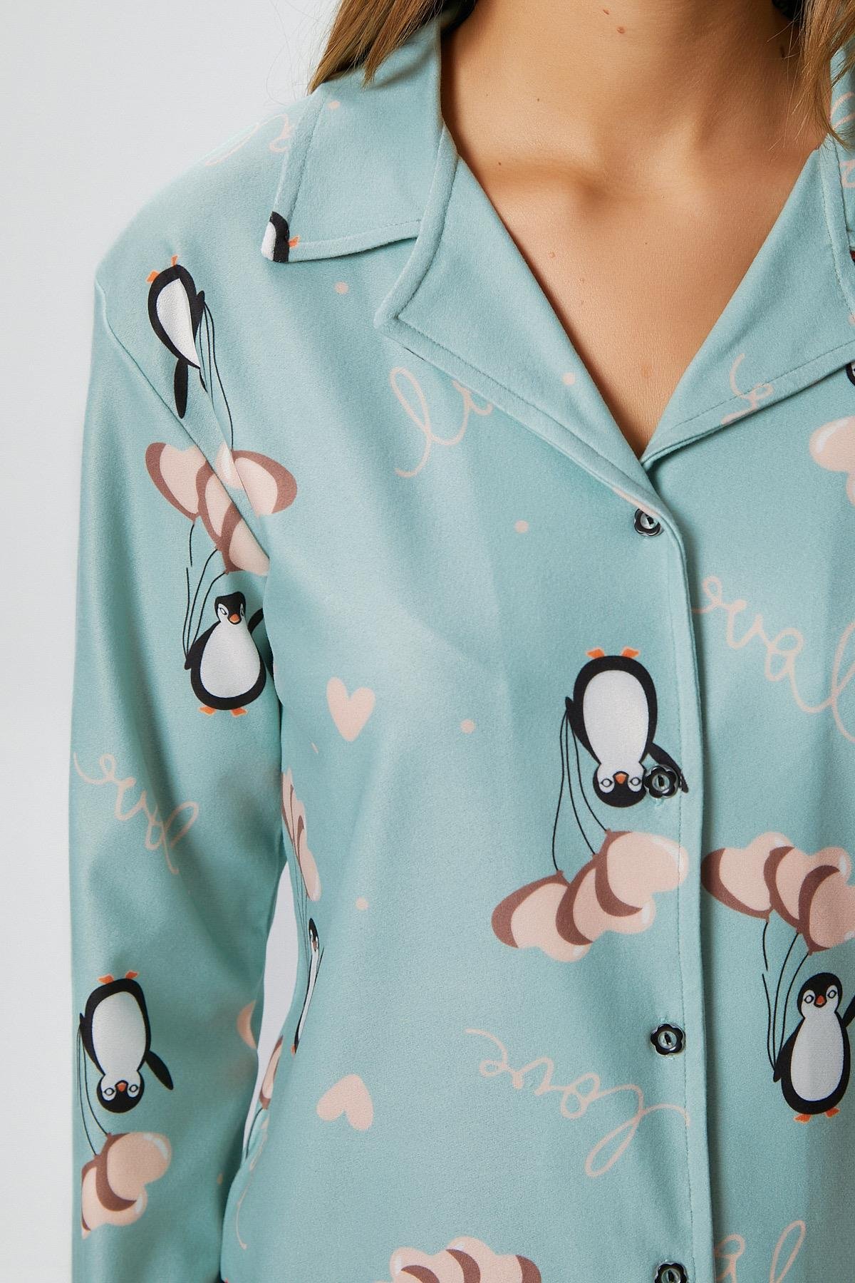 Kadın Nora Premium Mint Penguen Süet Doku Düğmeli Yılbaşı Pijama Takımı