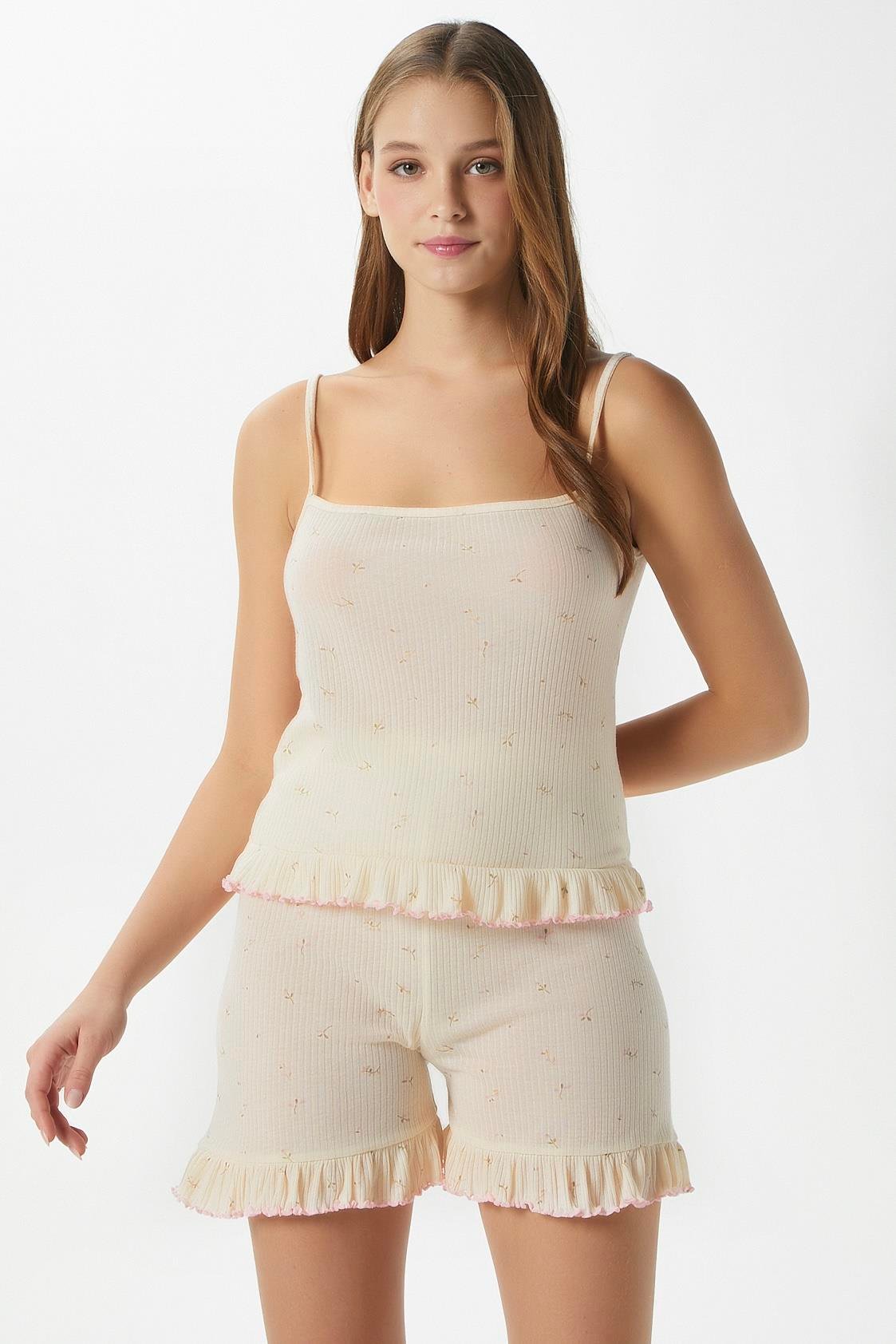 Kadın Paula Terayağ Sarısı Fırfır Şortlu Pijama Takımı