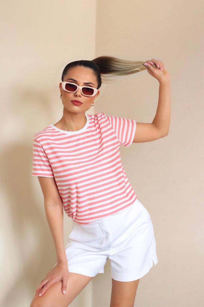 Kadın Pembe Beyaz Çizgili Basic T-Shirt