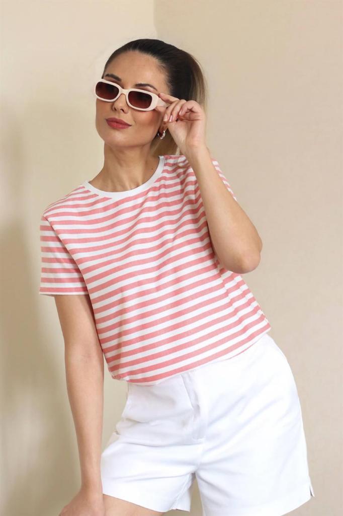 Kadın Pembe Beyaz Çizgili Basic T-Shirt