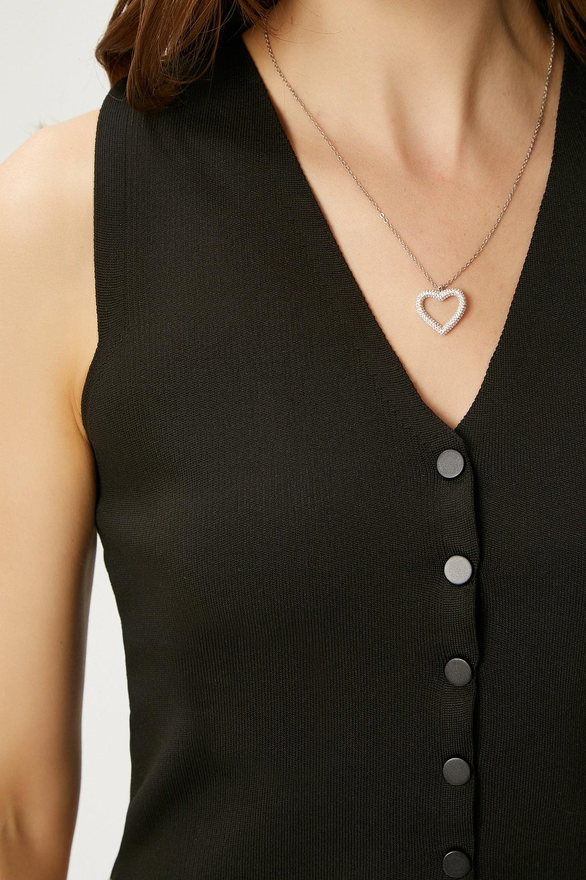 Kadın Petite Çıtçıtlı Crop Siyah Triko Yelek