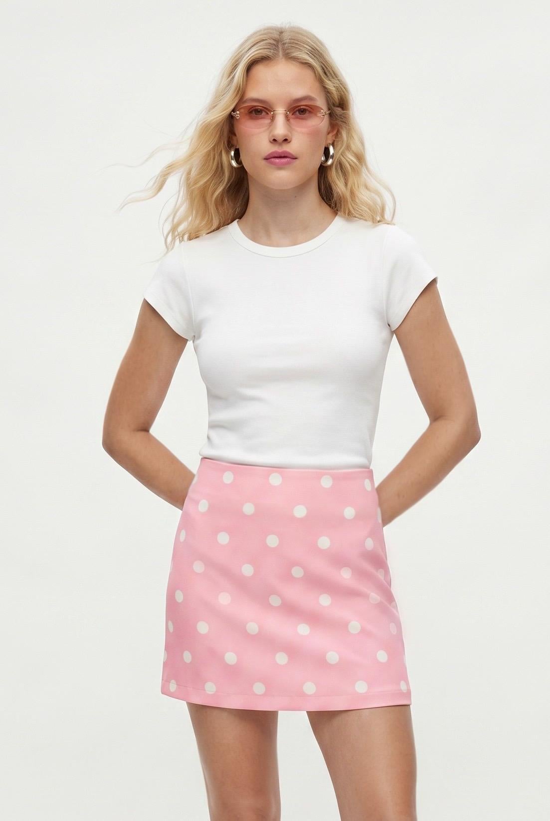 Kadın Polka Şortlu Astarlı Pembe Puantiye Dokuma Mini Etek 