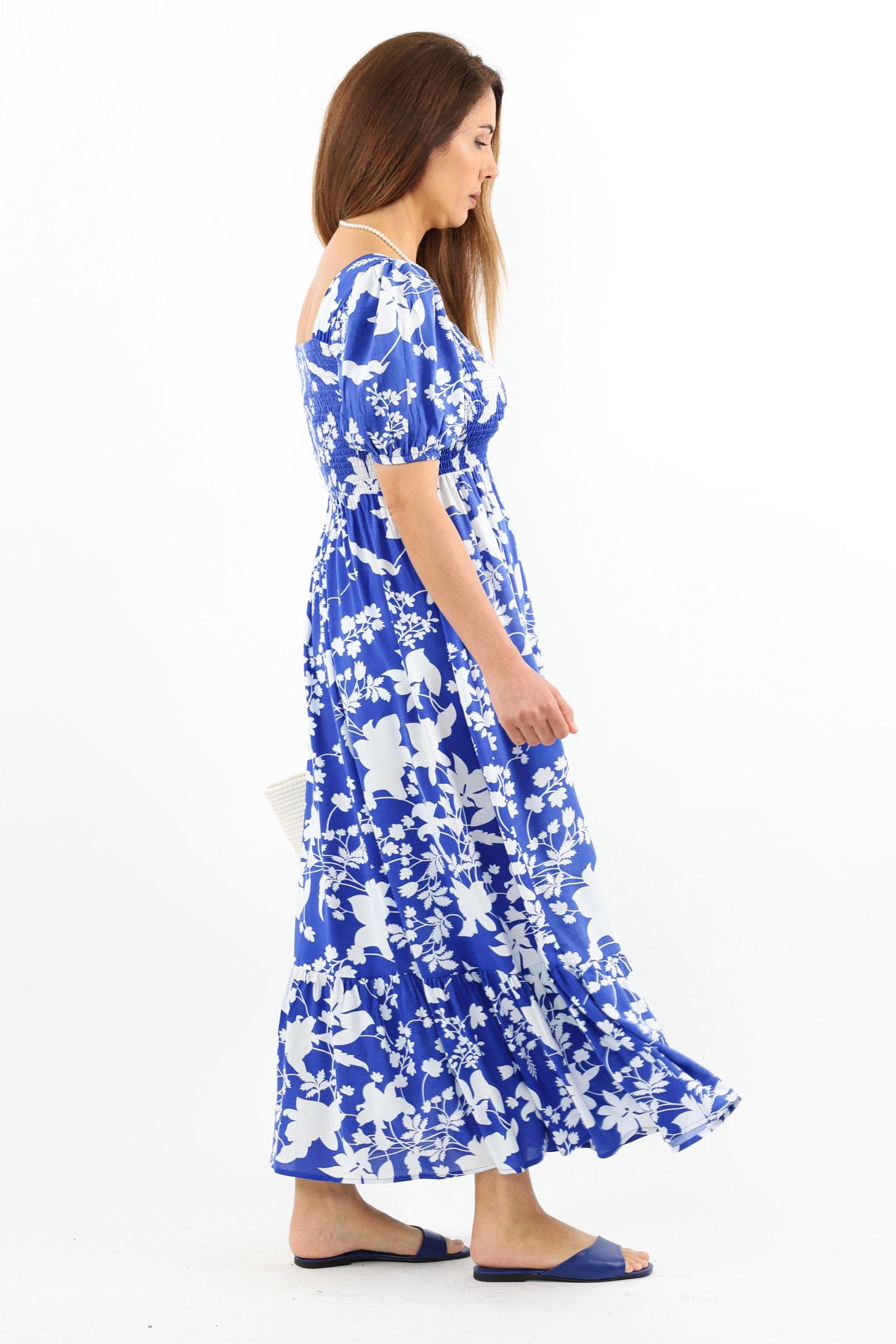 Kadın Positano Mavi Gipeli Viskon Uzun Elbise