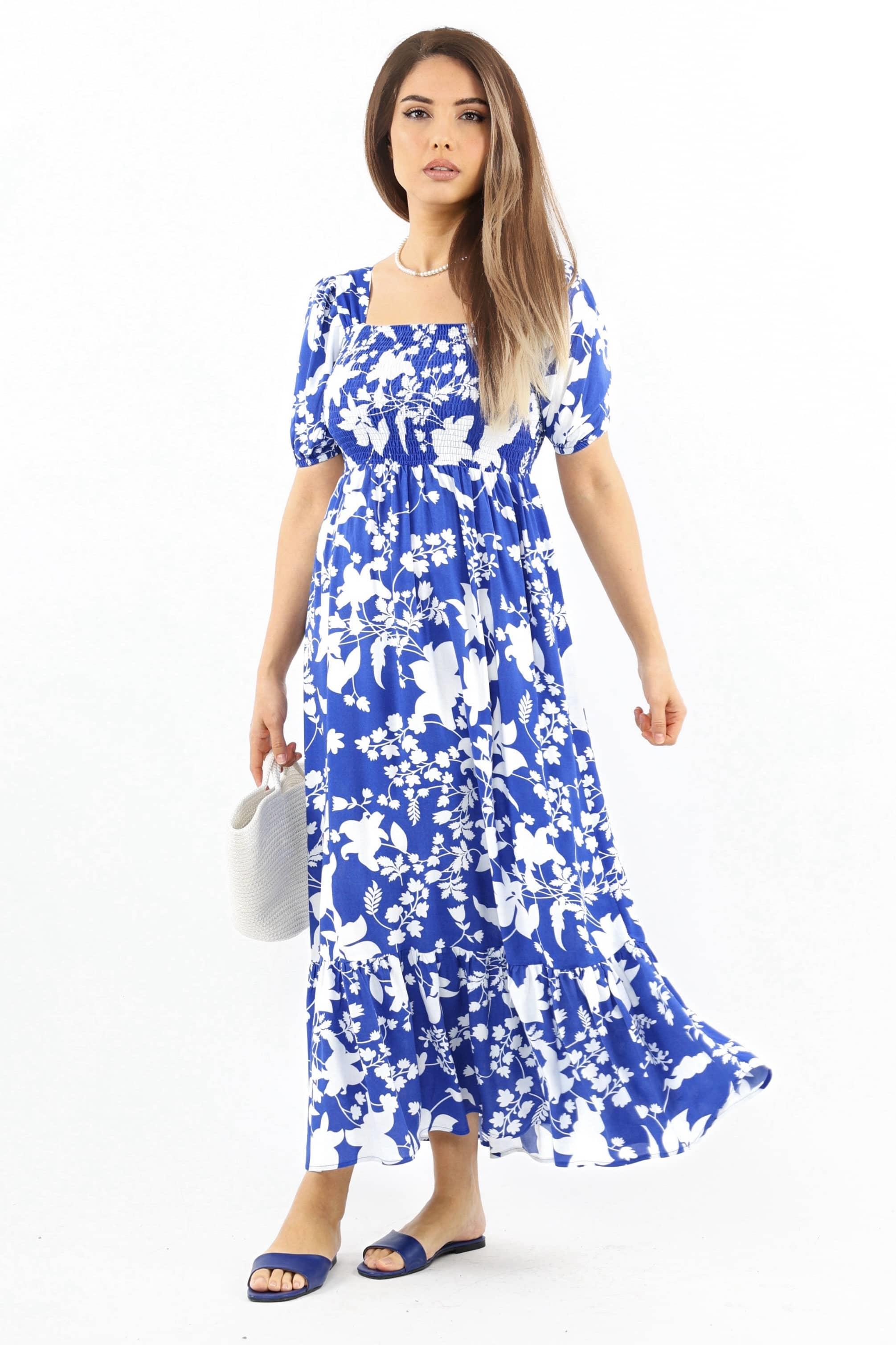 Kadın Positano Mavi Gipeli Viskon Uzun Elbise