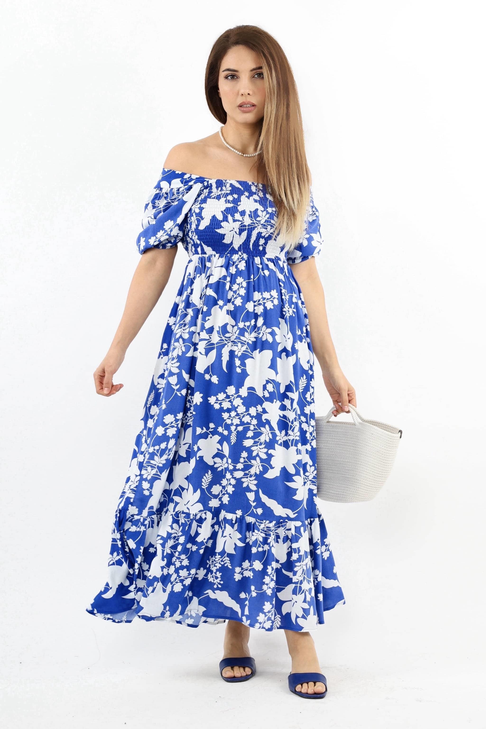 Kadın Positano Mavi Gipeli Viskon Uzun Elbise