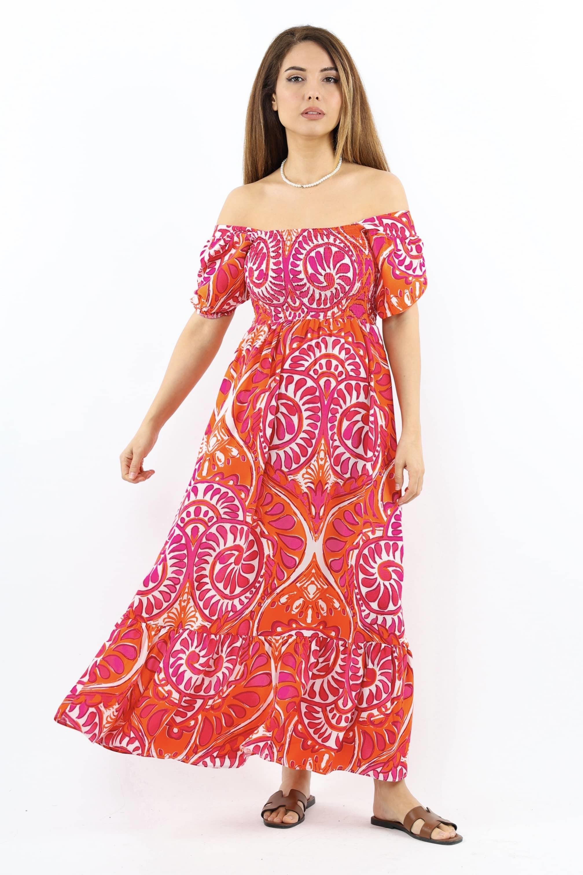 Kadın Positano Turuncu Pembe Gipeli Viskon Uzun Elbise