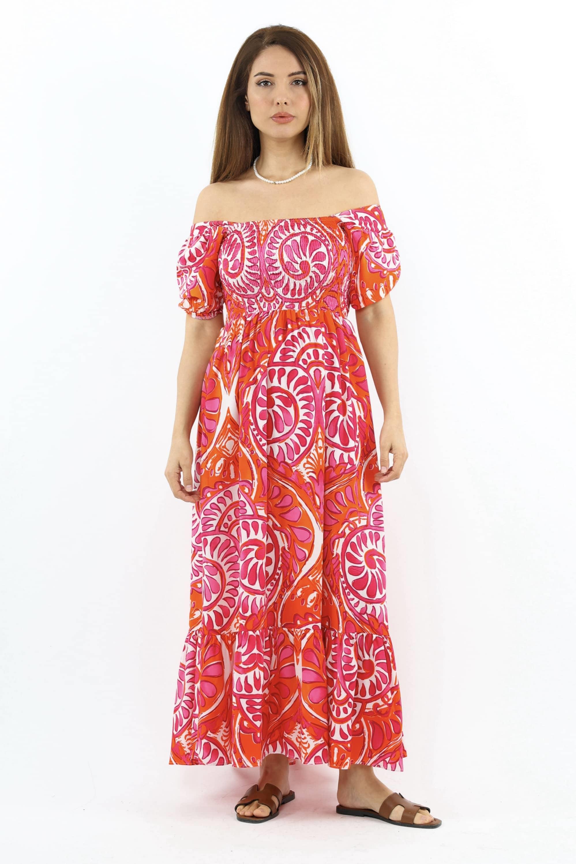 Kadın Positano Turuncu Pembe Gipeli Viskon Uzun Elbise