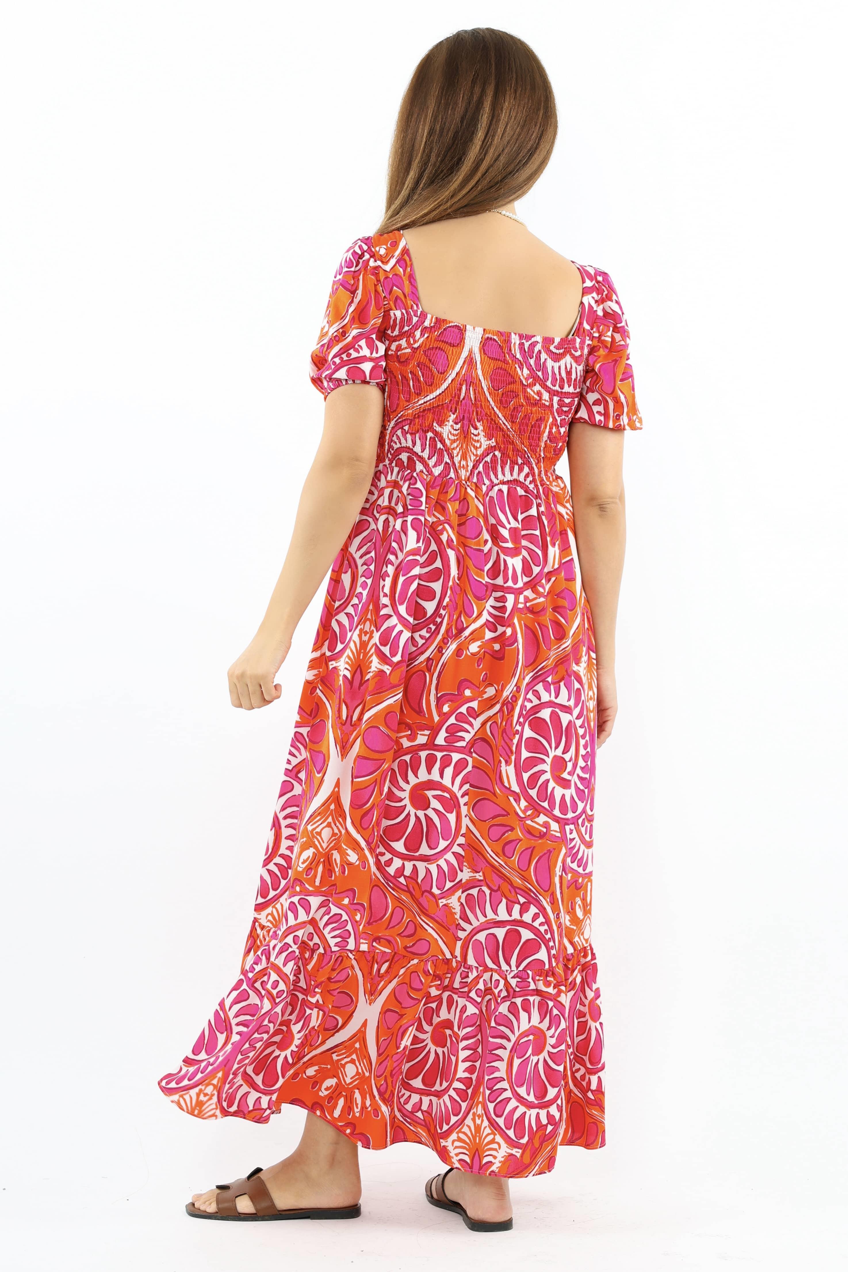 Kadın Positano Turuncu Pembe Gipeli Viskon Uzun Elbise