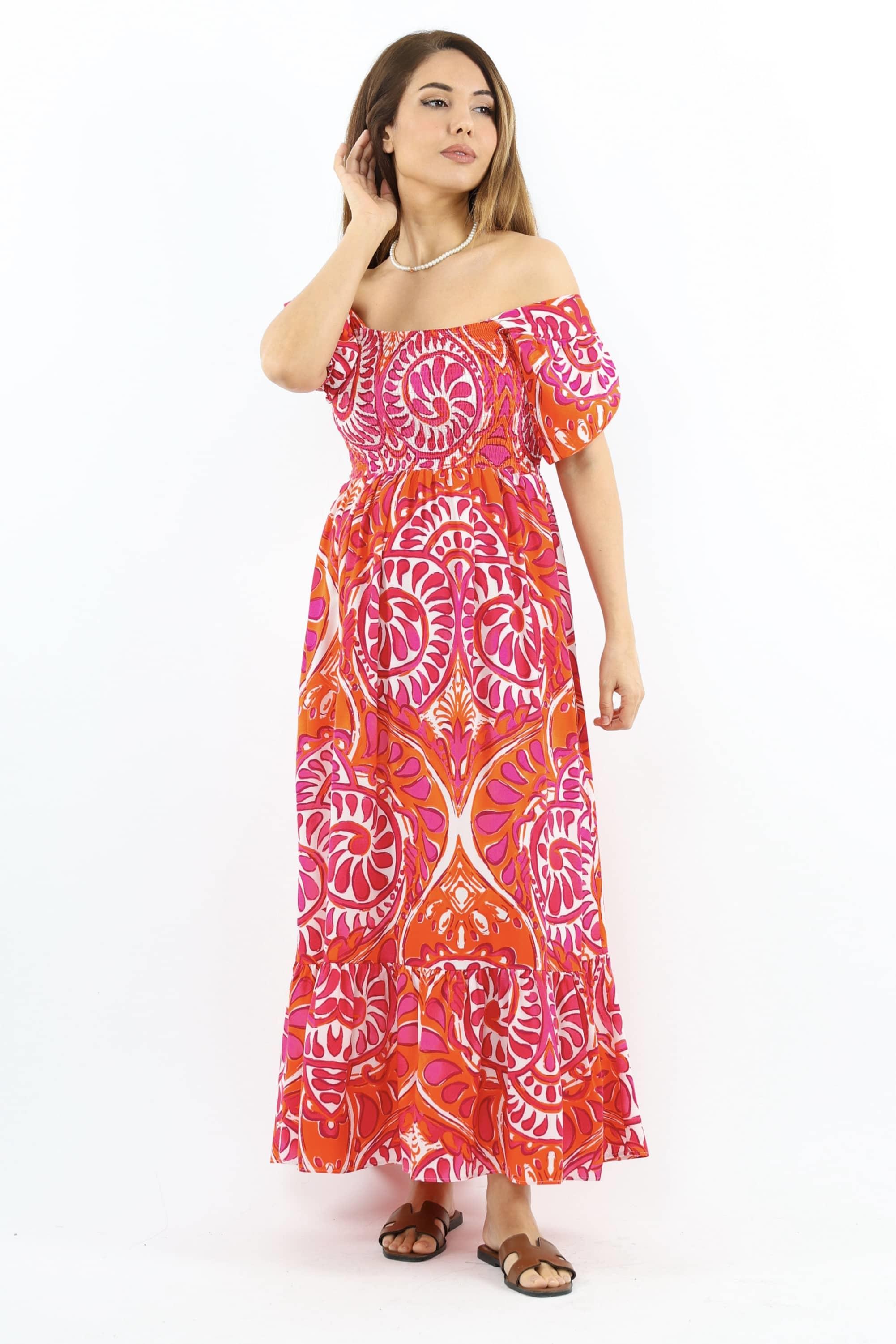 Kadın Positano Turuncu Pembe Gipeli Viskon Uzun Elbise