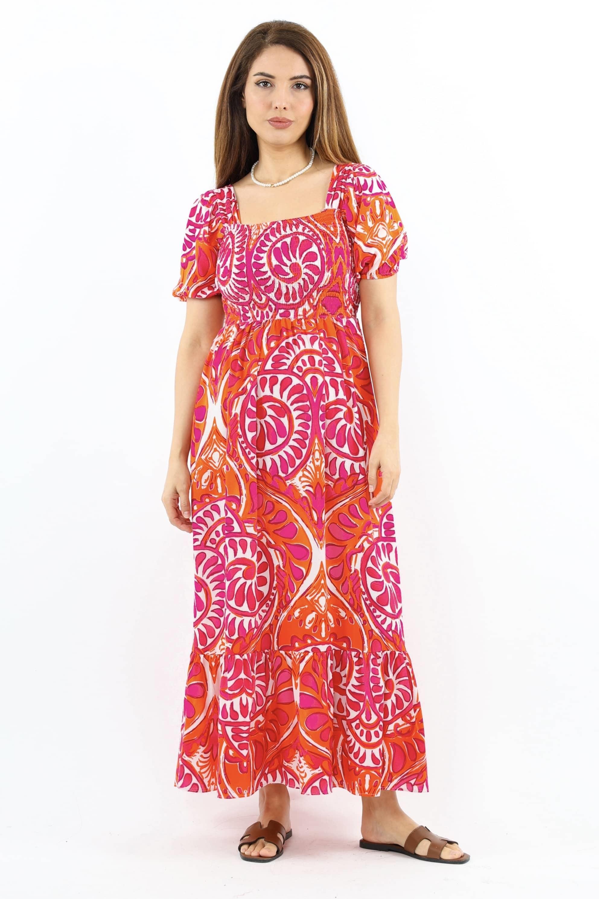 Kadın Positano Turuncu Pembe Gipeli Viskon Uzun Elbise