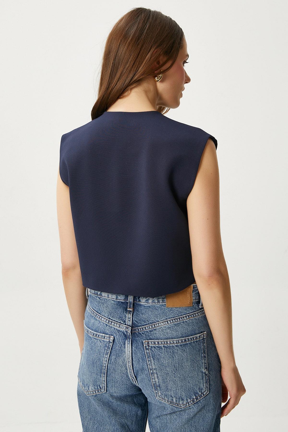 Kadın Power Lacivert Astarlı Dokuma Yelek