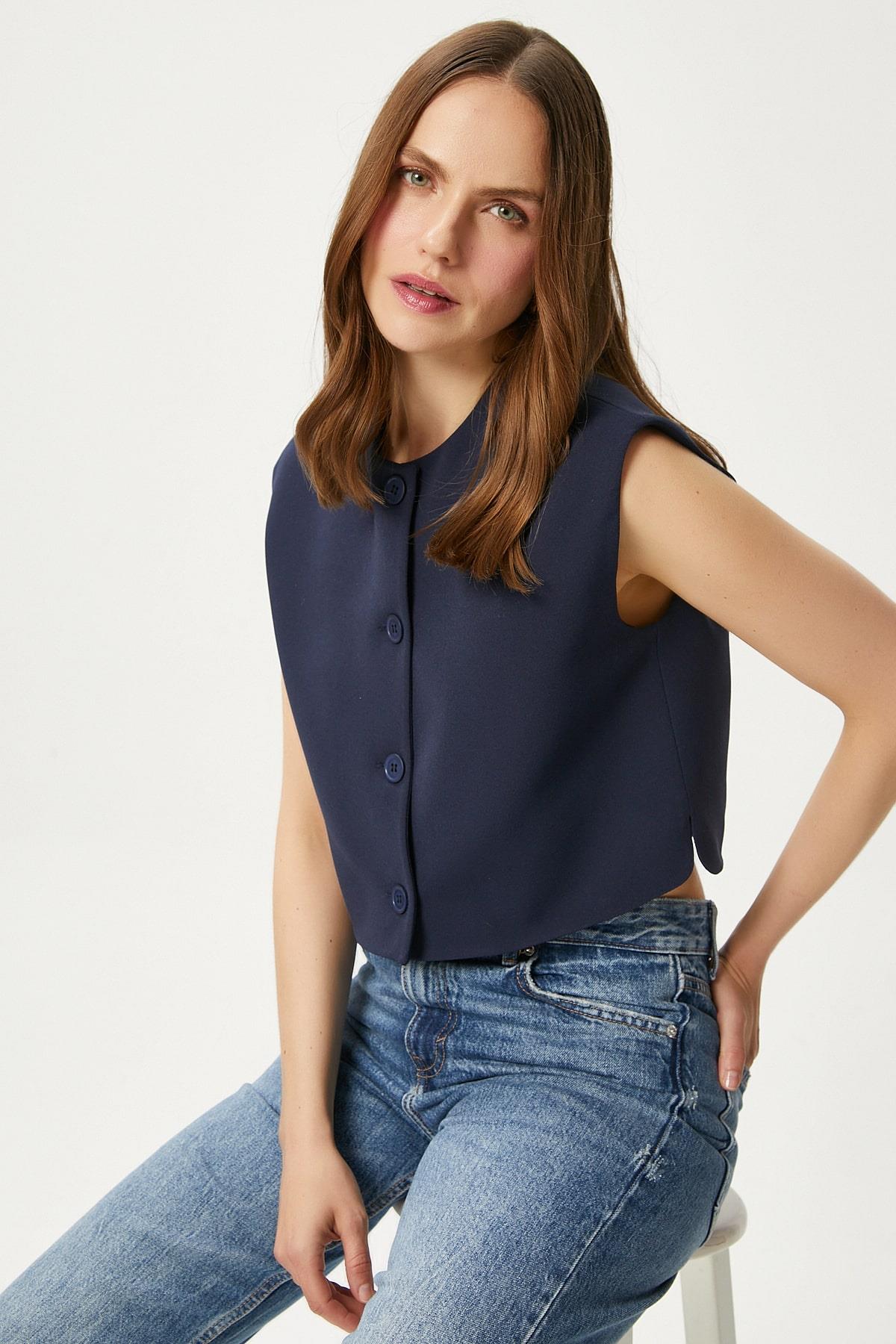 Kadın Power Lacivert Astarlı Dokuma Yelek