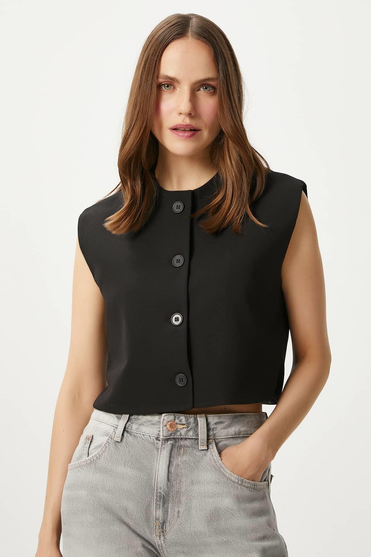 Kadın Power Siyah Astarlı Dokuma Yelek