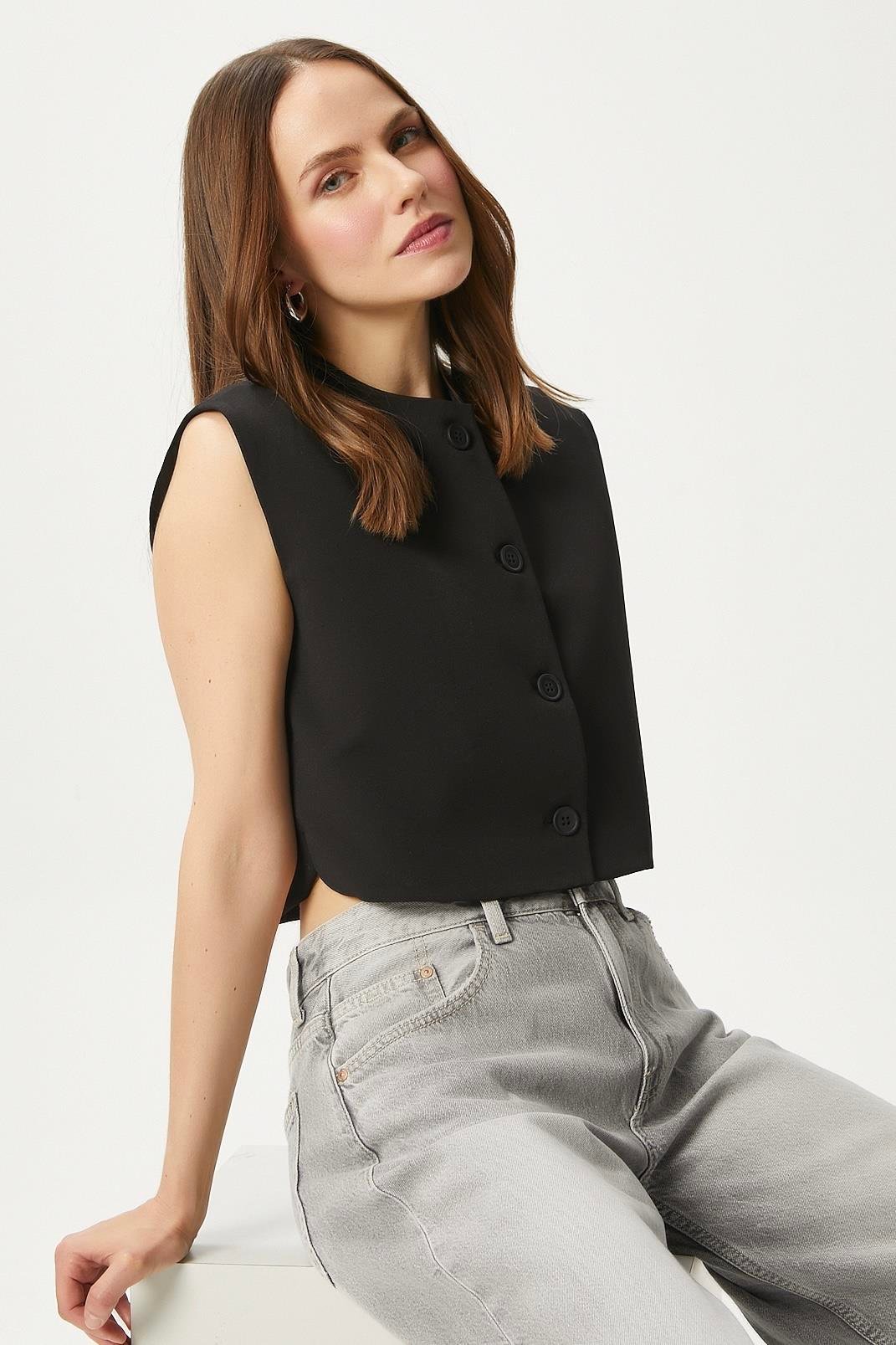 Kadın Power Siyah Astarlı Dokuma Yelek