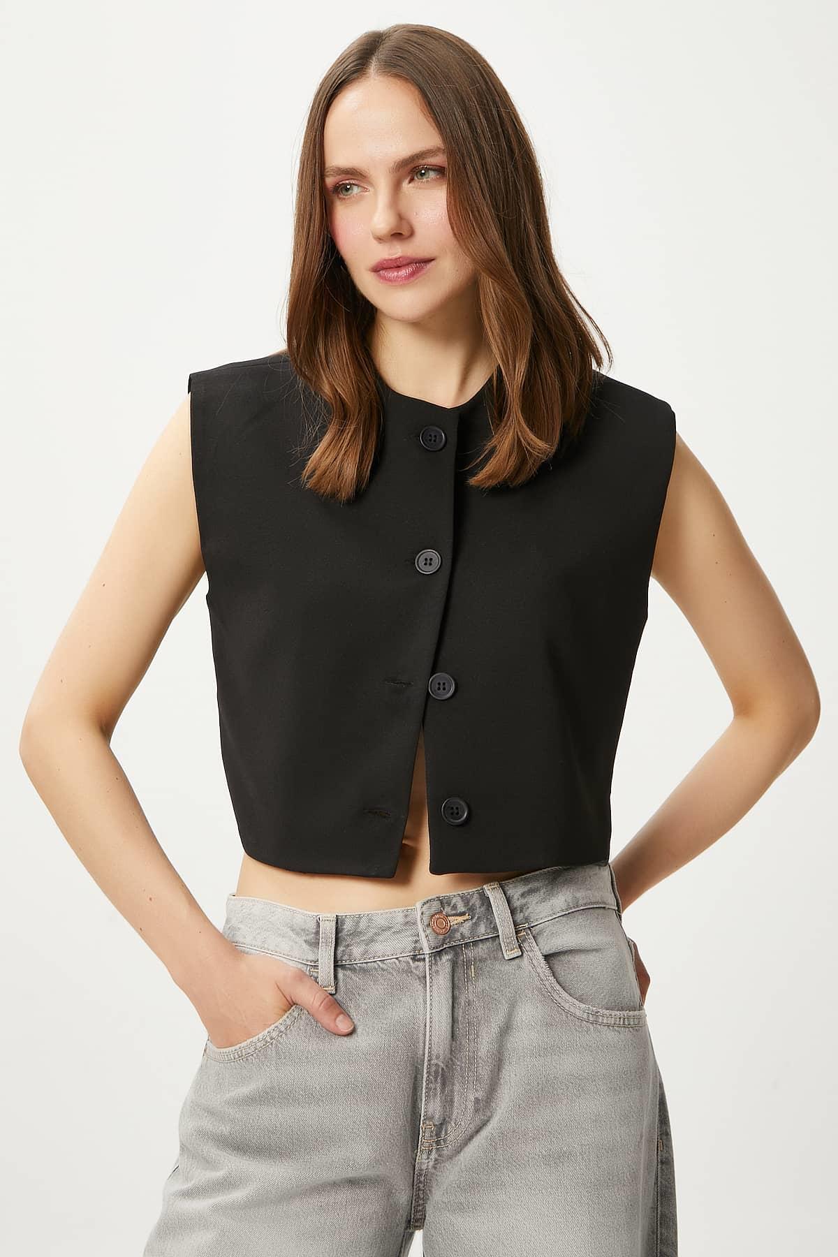 Kadın Power Siyah Astarlı Dokuma Yelek