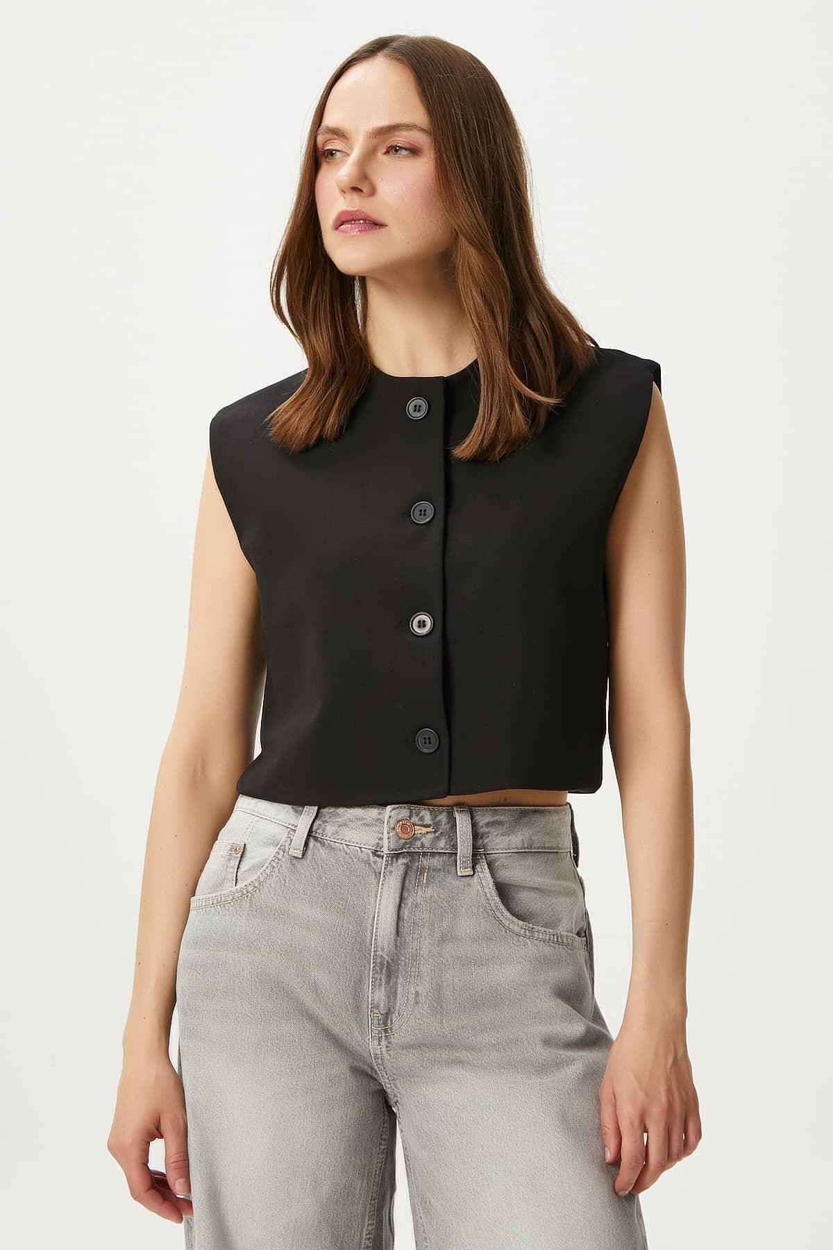 Kadın Power Siyah Astarlı Dokuma Yelek