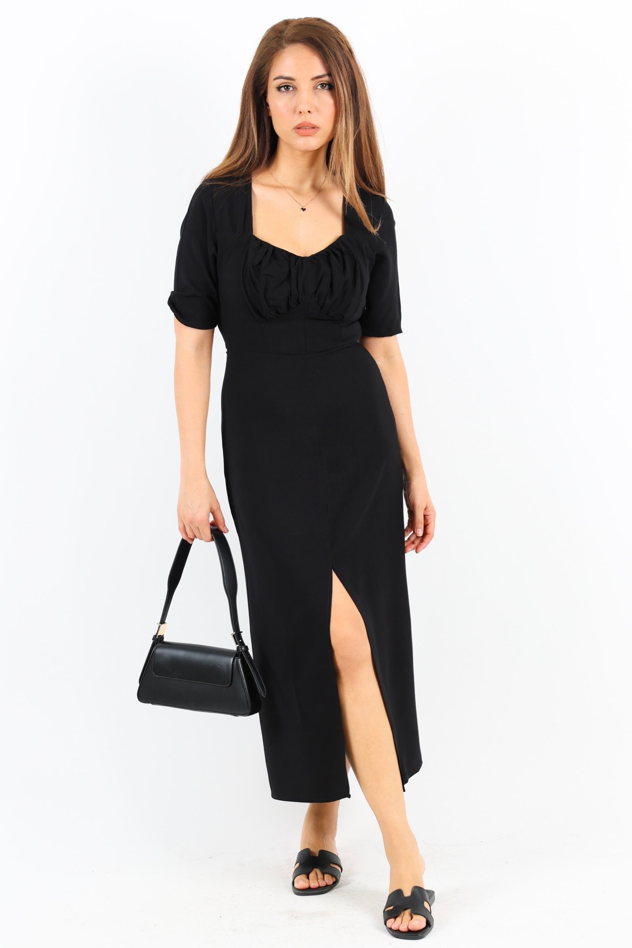 Kadın Rena Siyah Sırt Lastikli Yırtmaçlı Midi Elbise