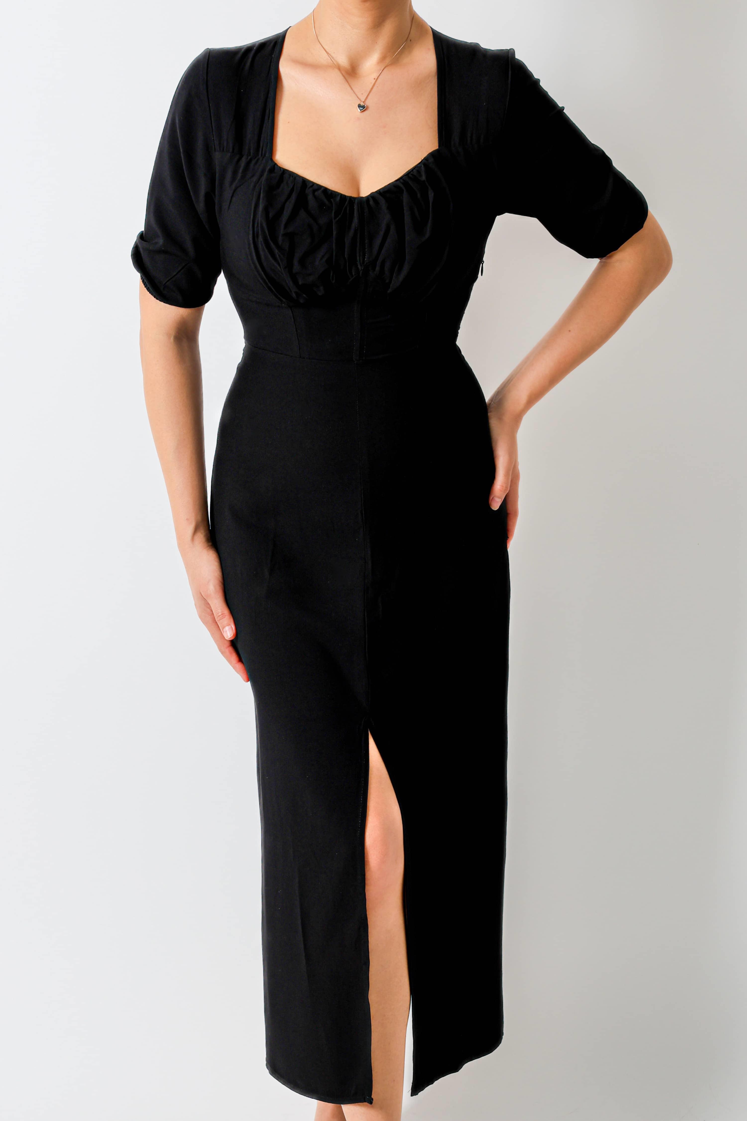 Kadın Rena Siyah Sırt Lastikli Yırtmaçlı Midi Elbise