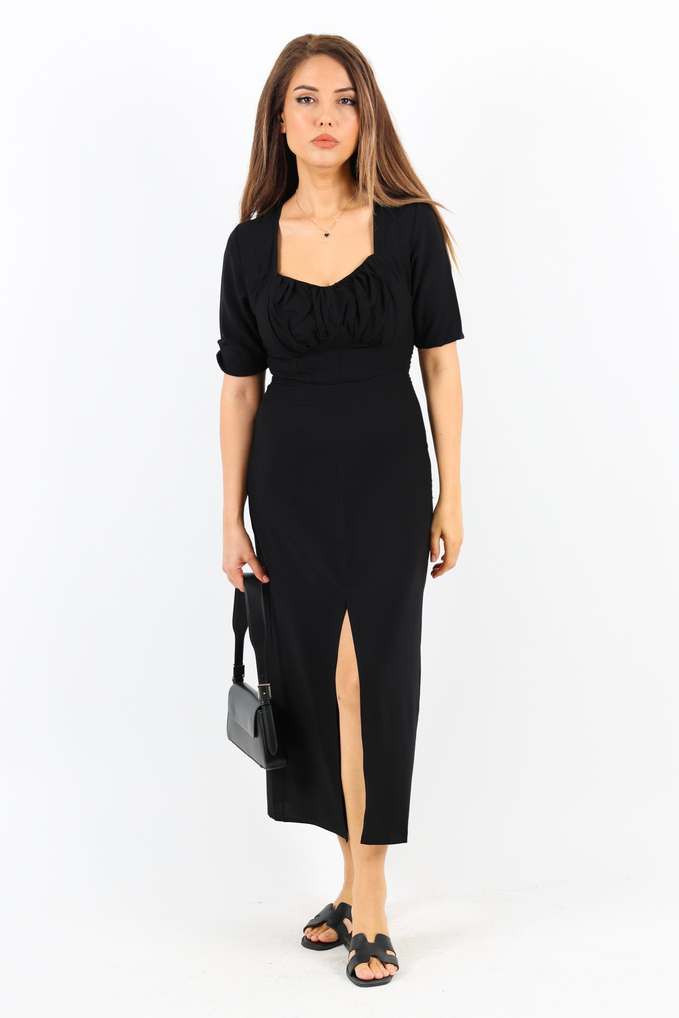 Kadın Rena Siyah Sırt Lastikli Yırtmaçlı Midi Elbise