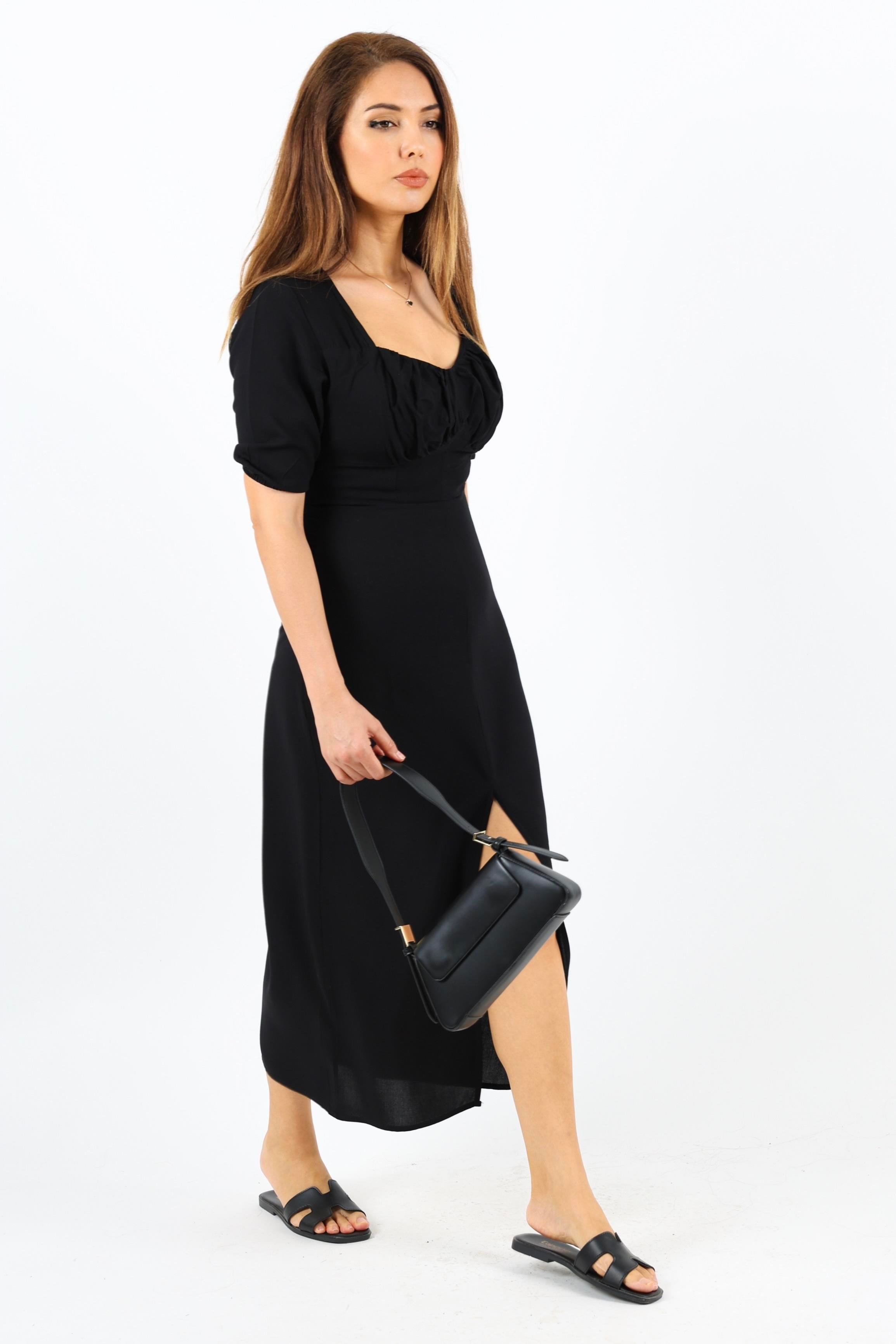 Kadın Rena Siyah Sırt Lastikli Yırtmaçlı Midi Elbise