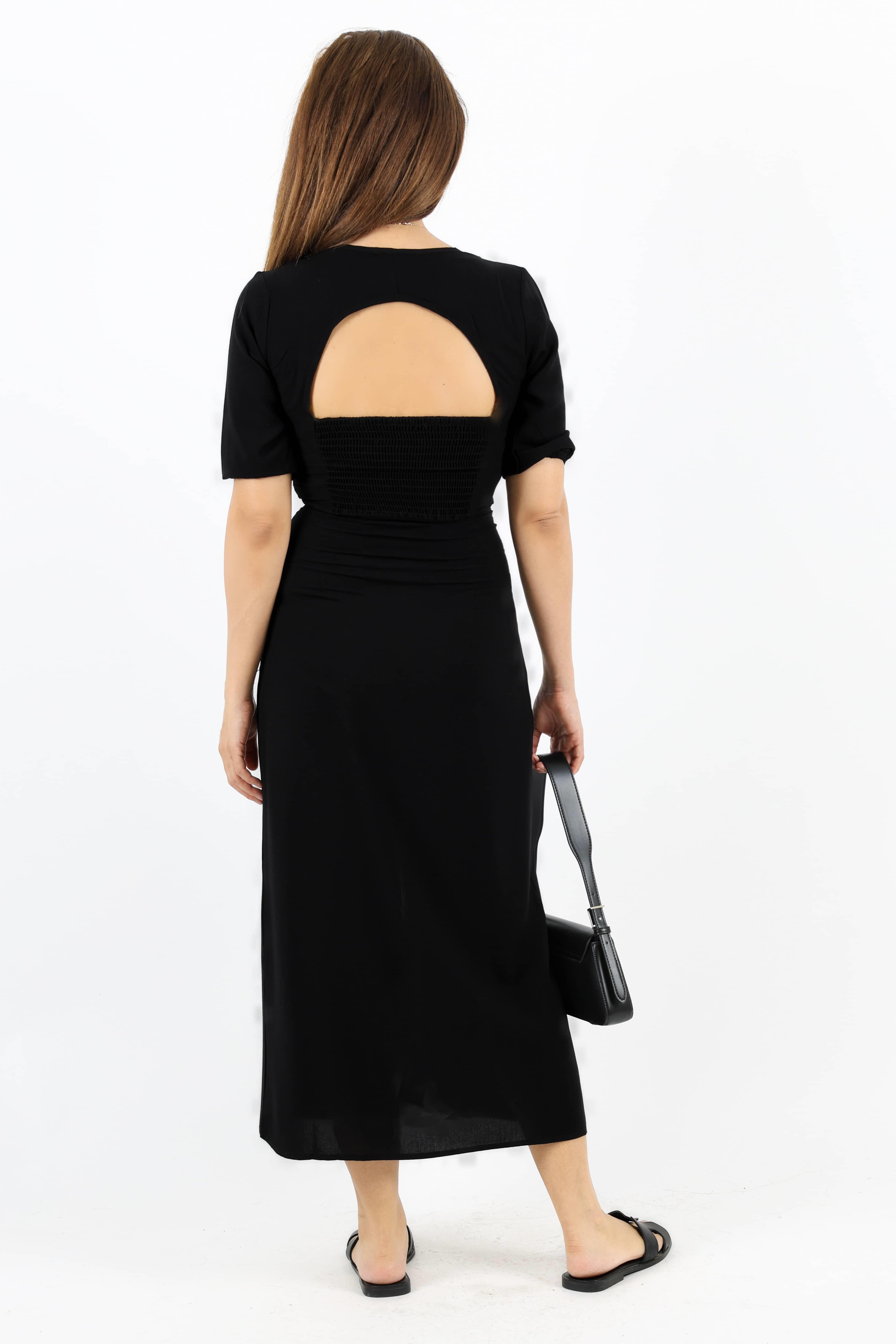 Kadın Rena Siyah Sırt Lastikli Yırtmaçlı Midi Elbise