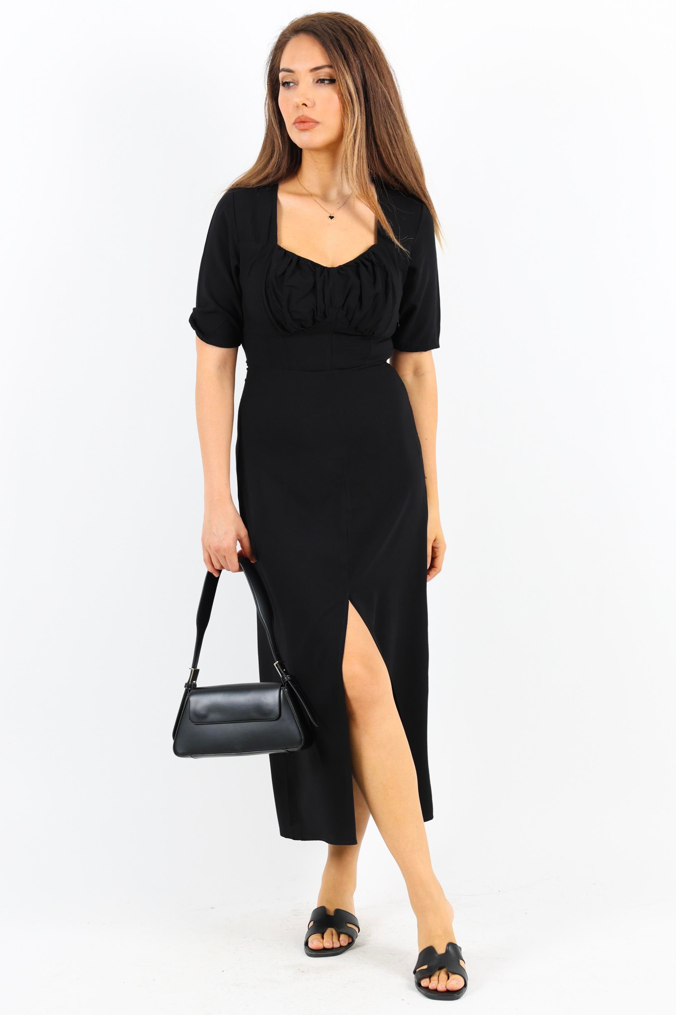 Kadın Rena Siyah Sırt Lastikli Yırtmaçlı Midi Elbise