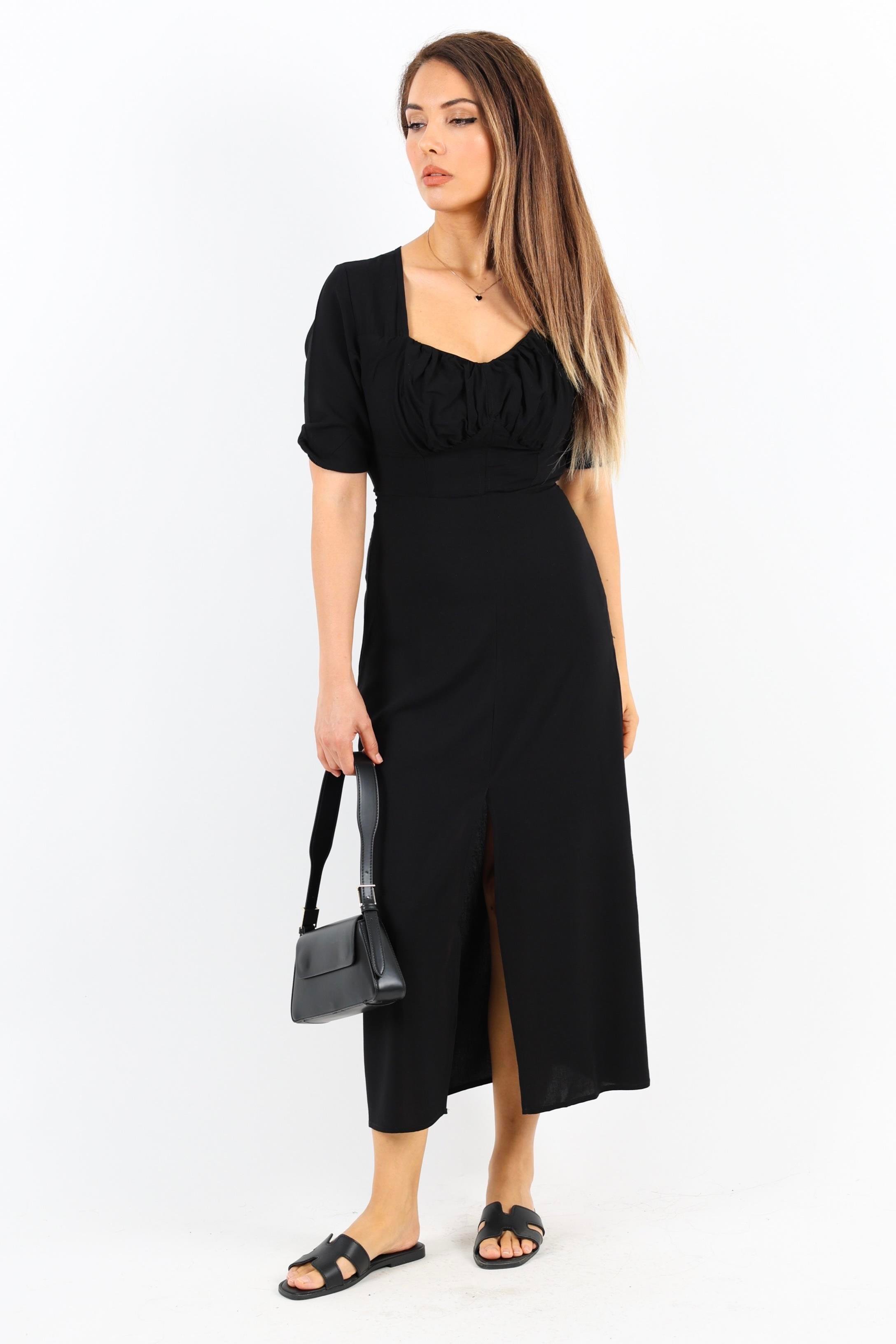 Kadın Rena Siyah Sırt Lastikli Yırtmaçlı Midi Elbise