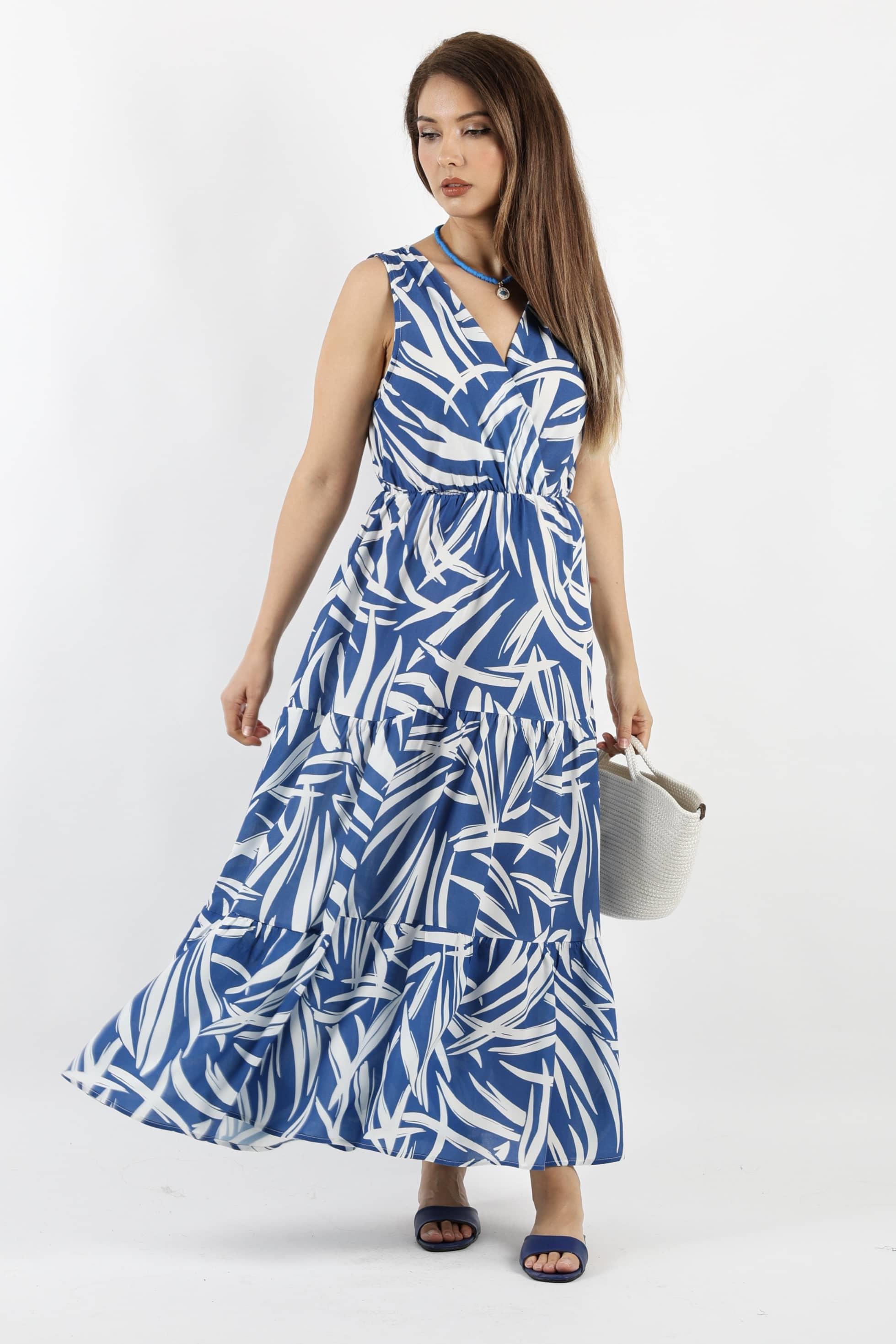 Kadın Santorini Bel Lastikli Mavi Viskon Elbise