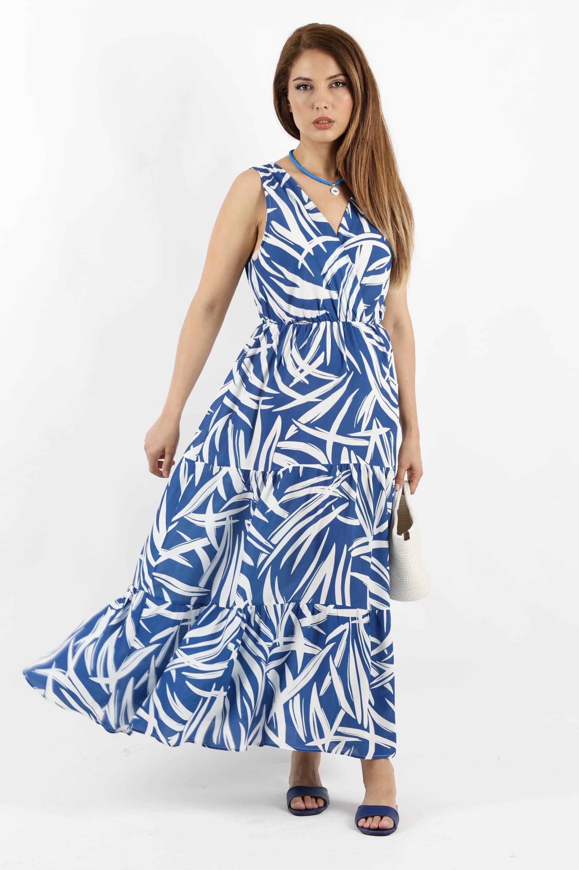 Kadın Santorini Bel Lastikli Mavi Viskon Elbise