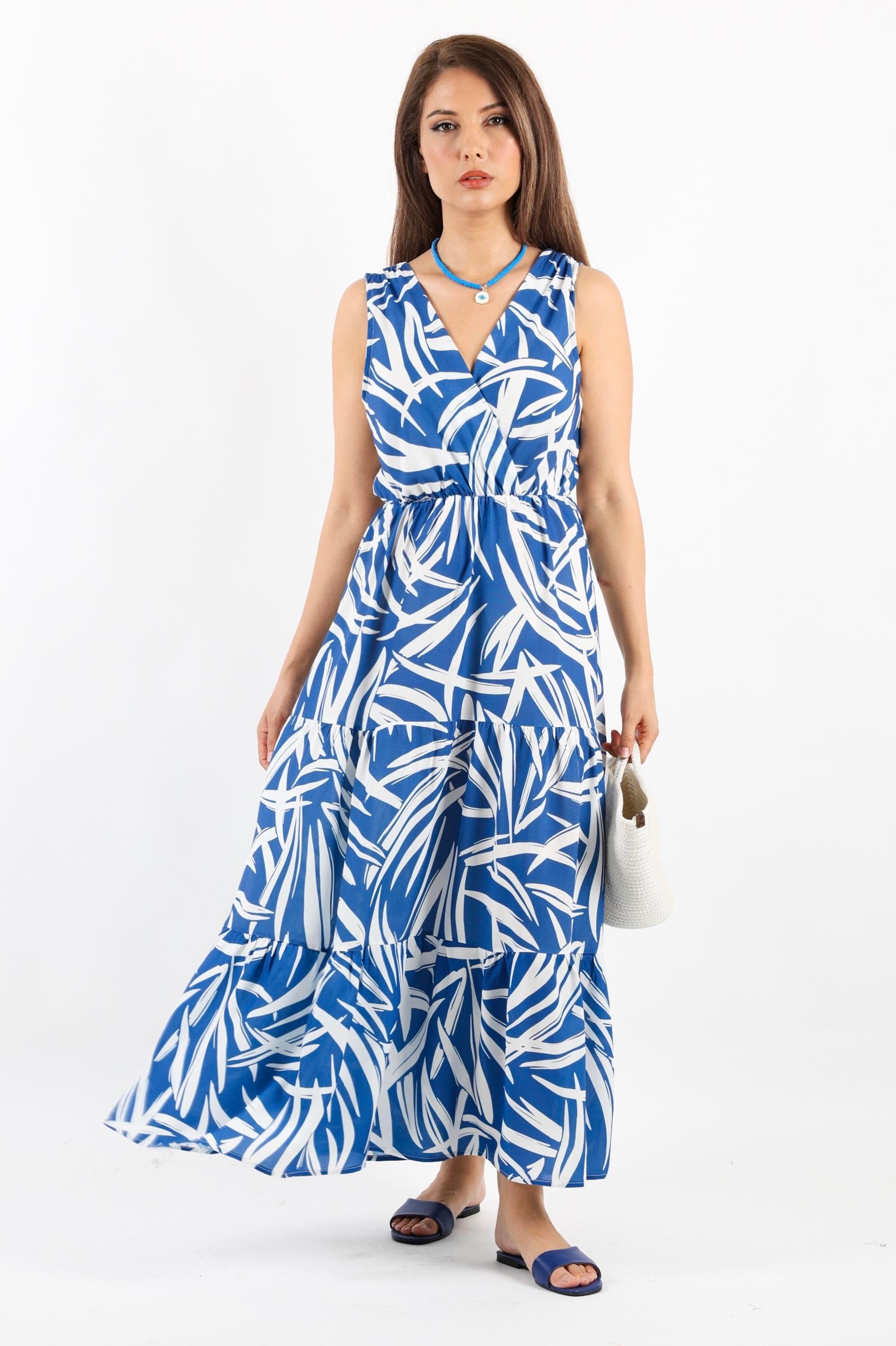 Kadın Santorini Bel Lastikli Mavi Viskon Elbise