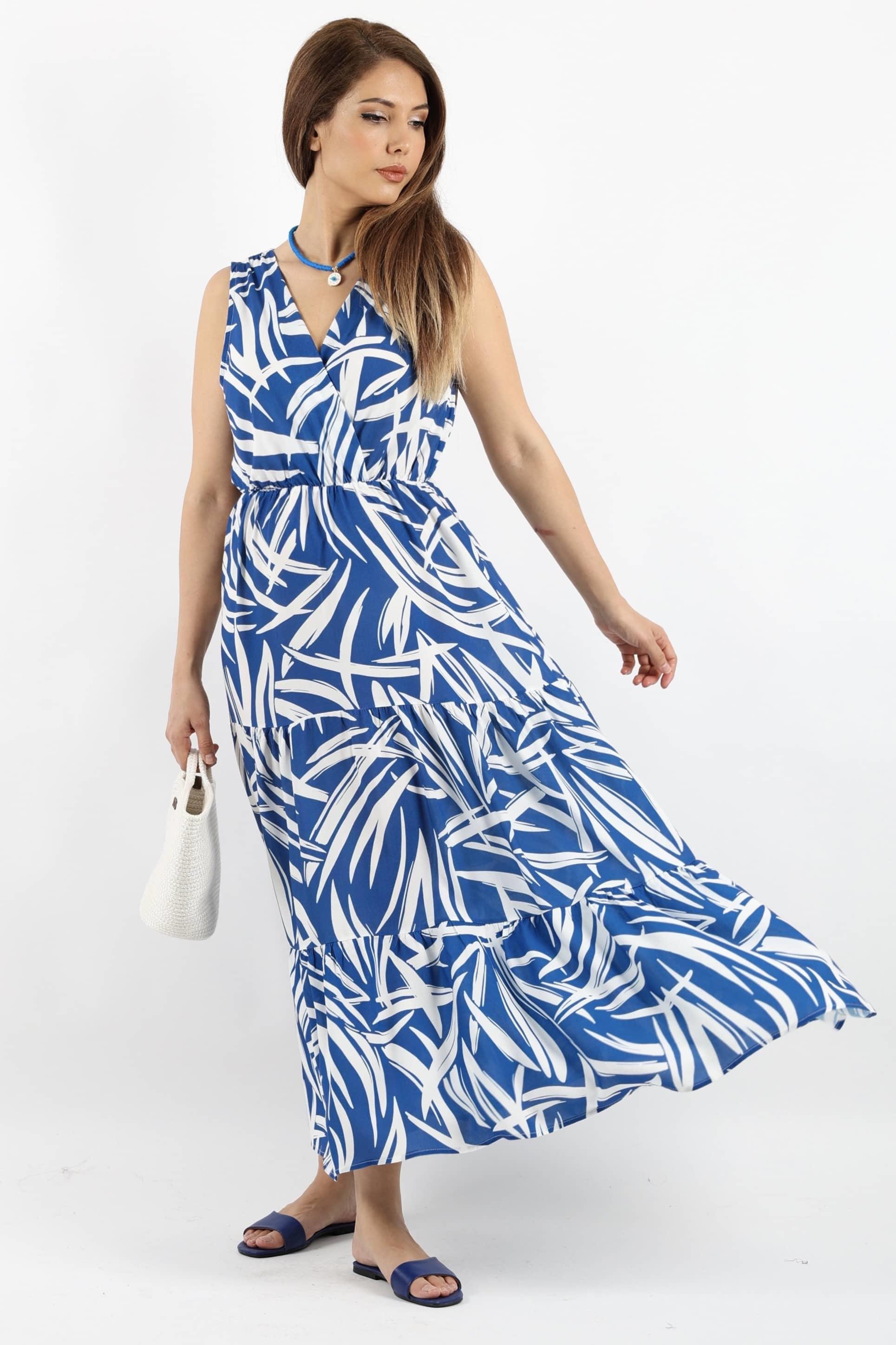 Kadın Santorini Bel Lastikli Mavi Viskon Elbise