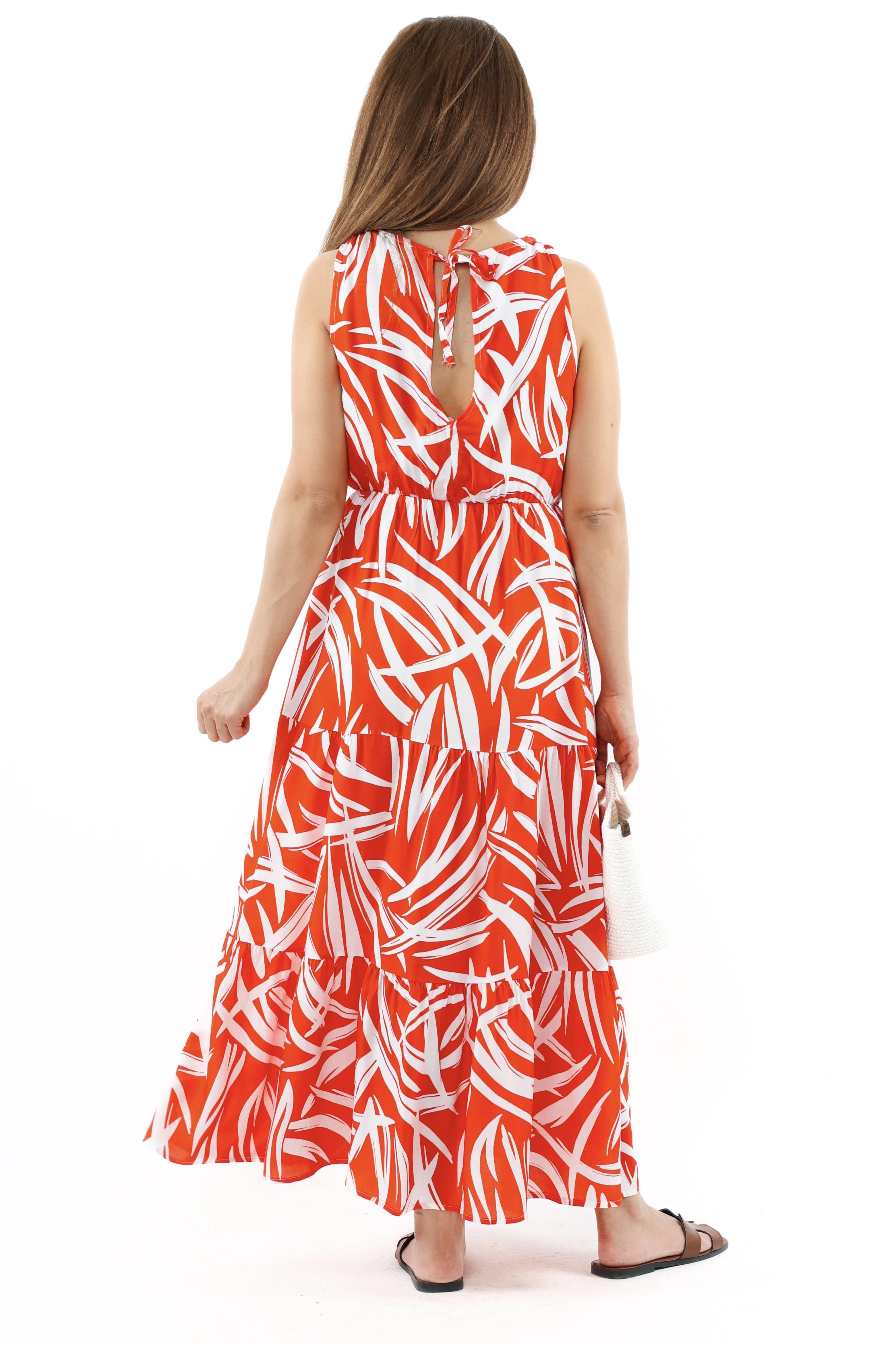 Kadın Santorini Bel Lastikli Mercan Viskon Elbise