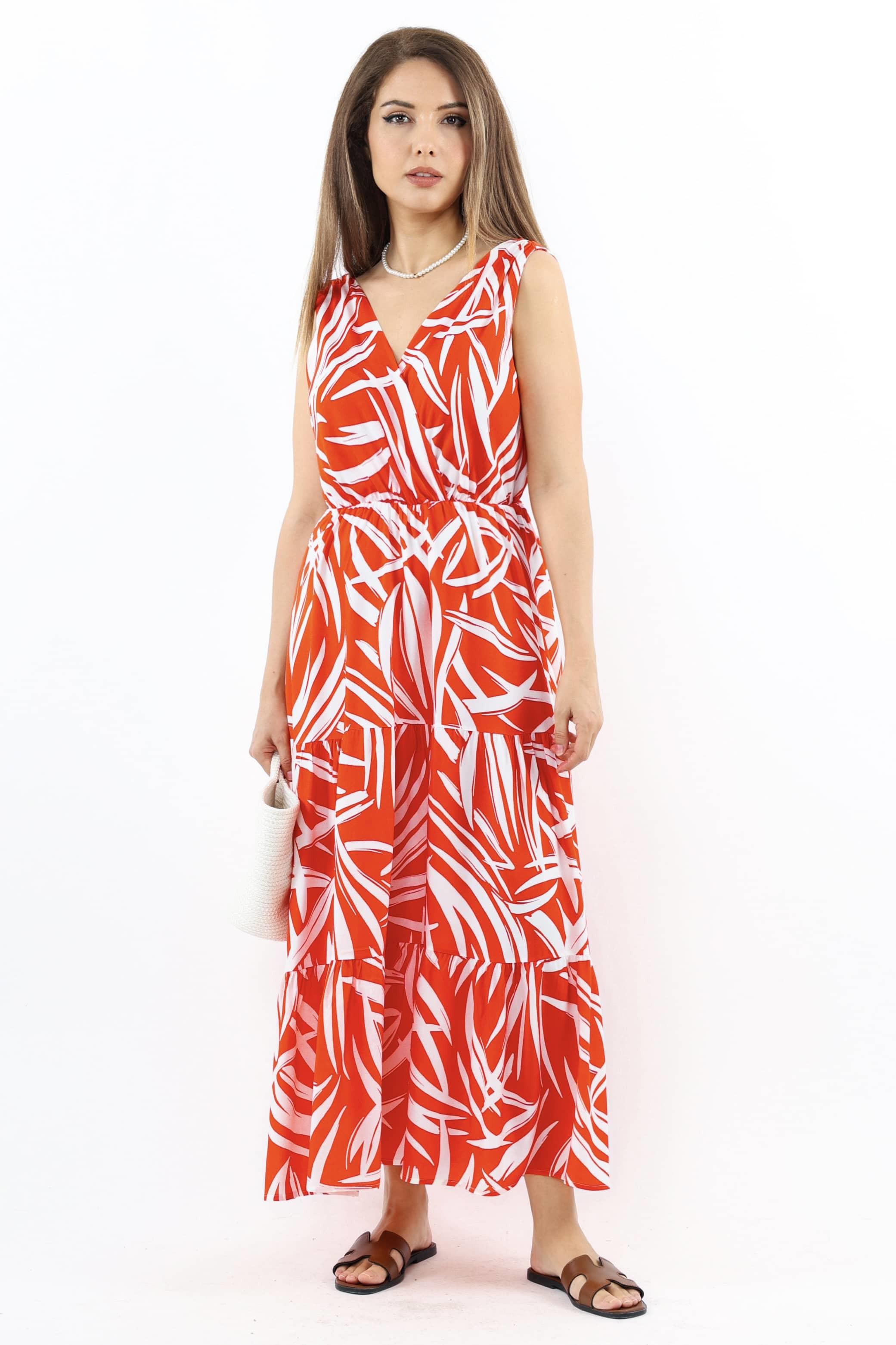 Kadın Santorini Bel Lastikli Mercan Viskon Elbise