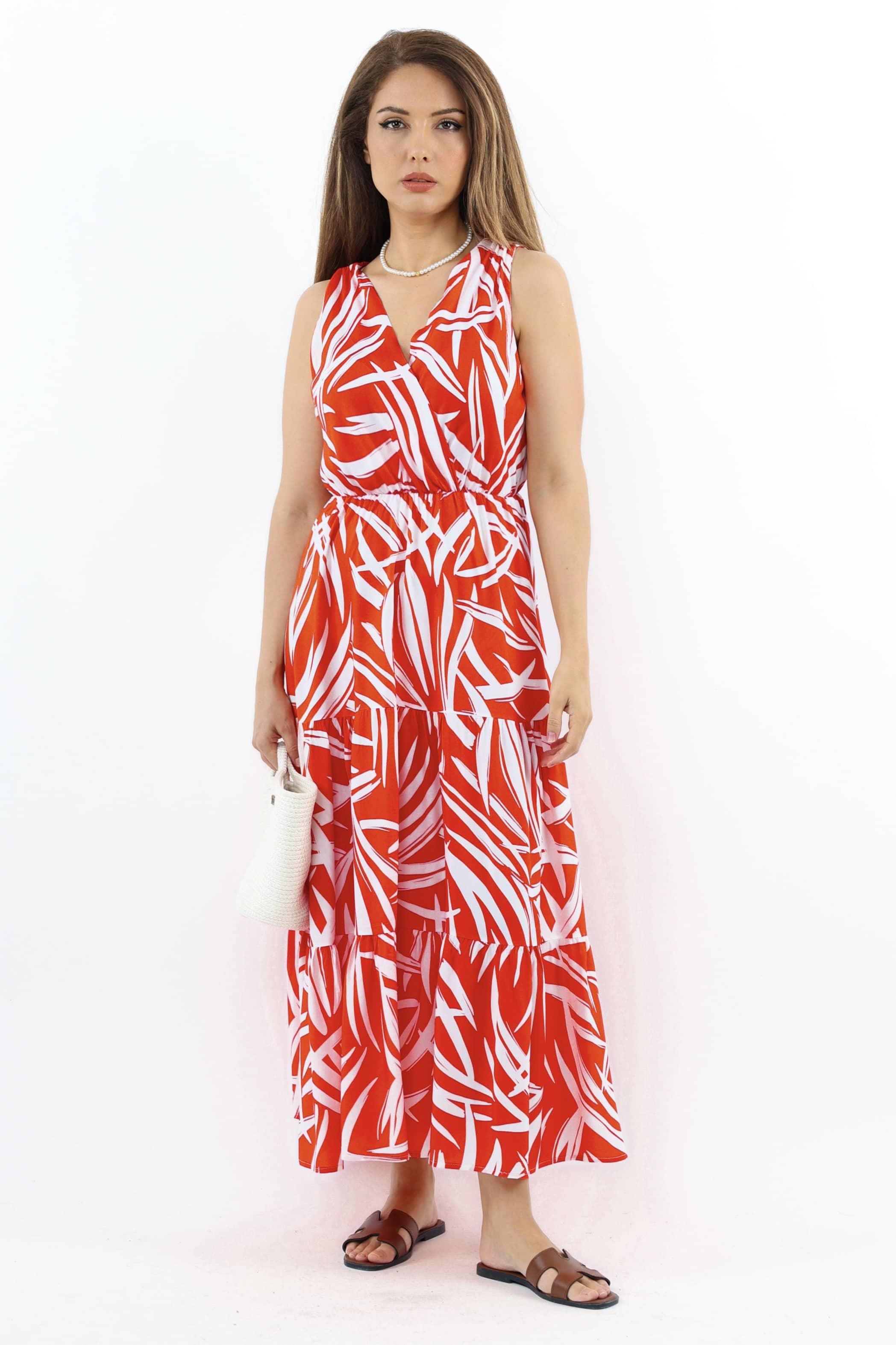 Kadın Santorini Bel Lastikli Mercan Viskon Elbise