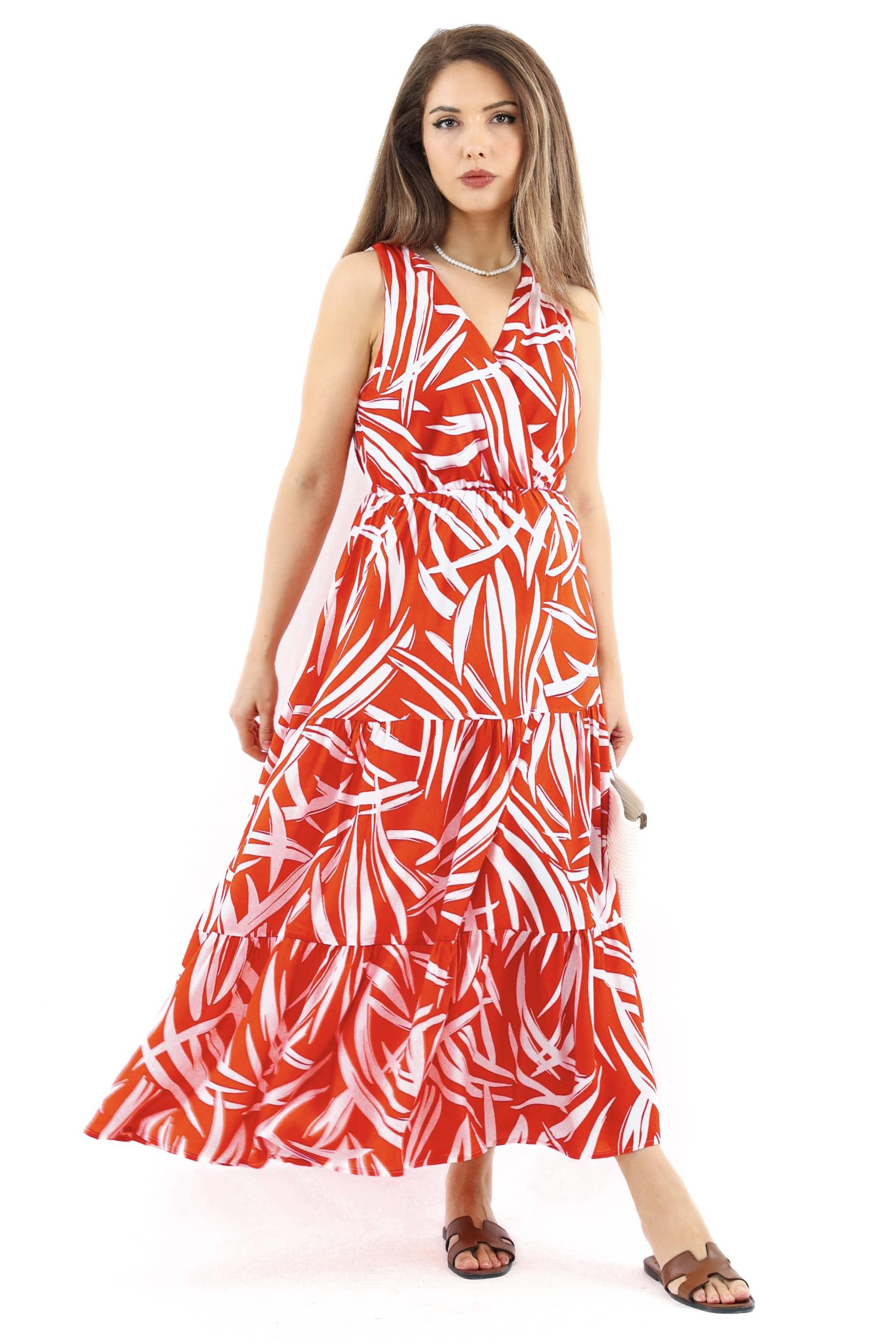 Kadın Santorini Bel Lastikli Mercan Viskon Elbise