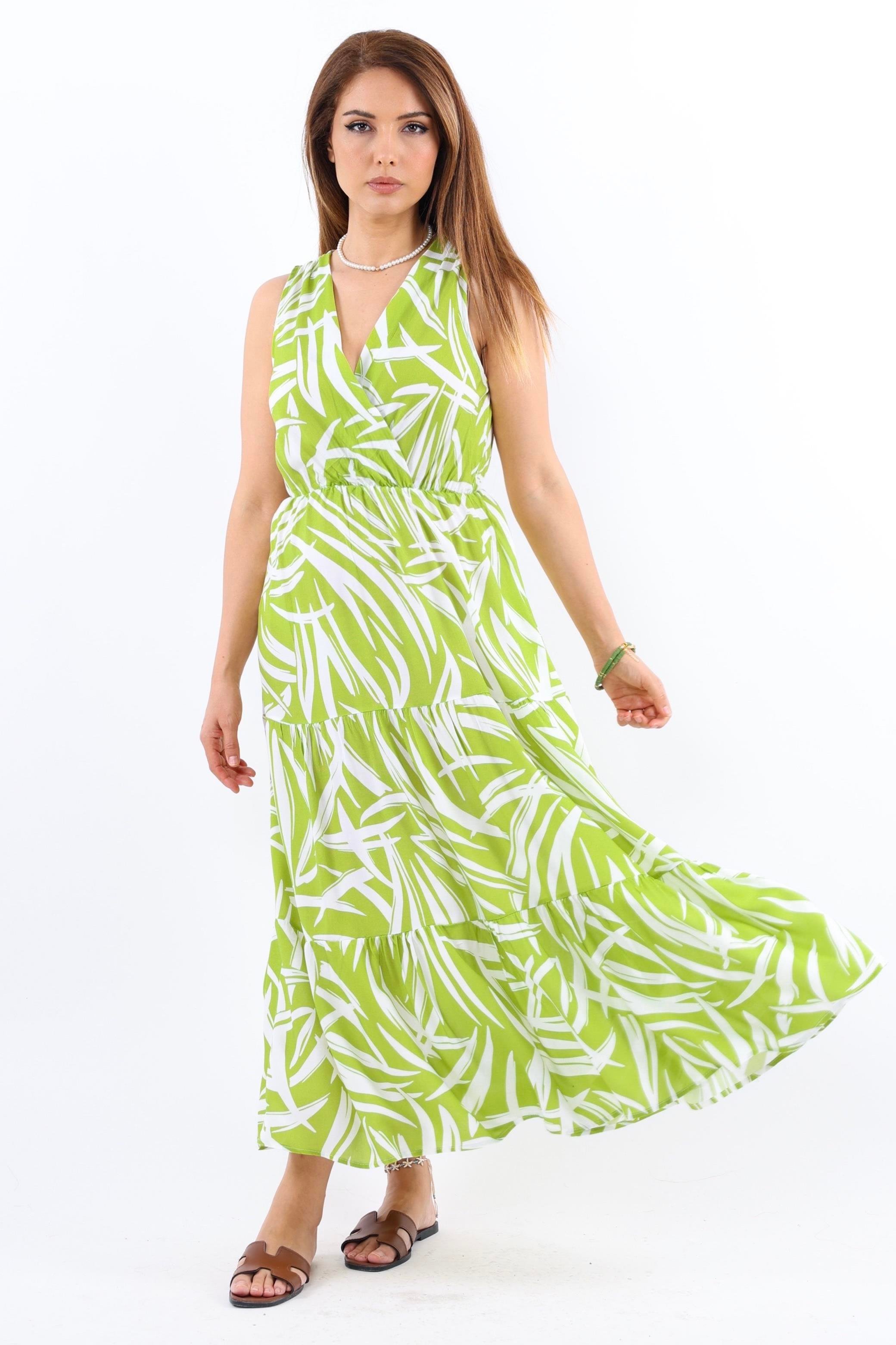 Kadın Santorini Bel Lastikli Yeşil Viskon Elbise