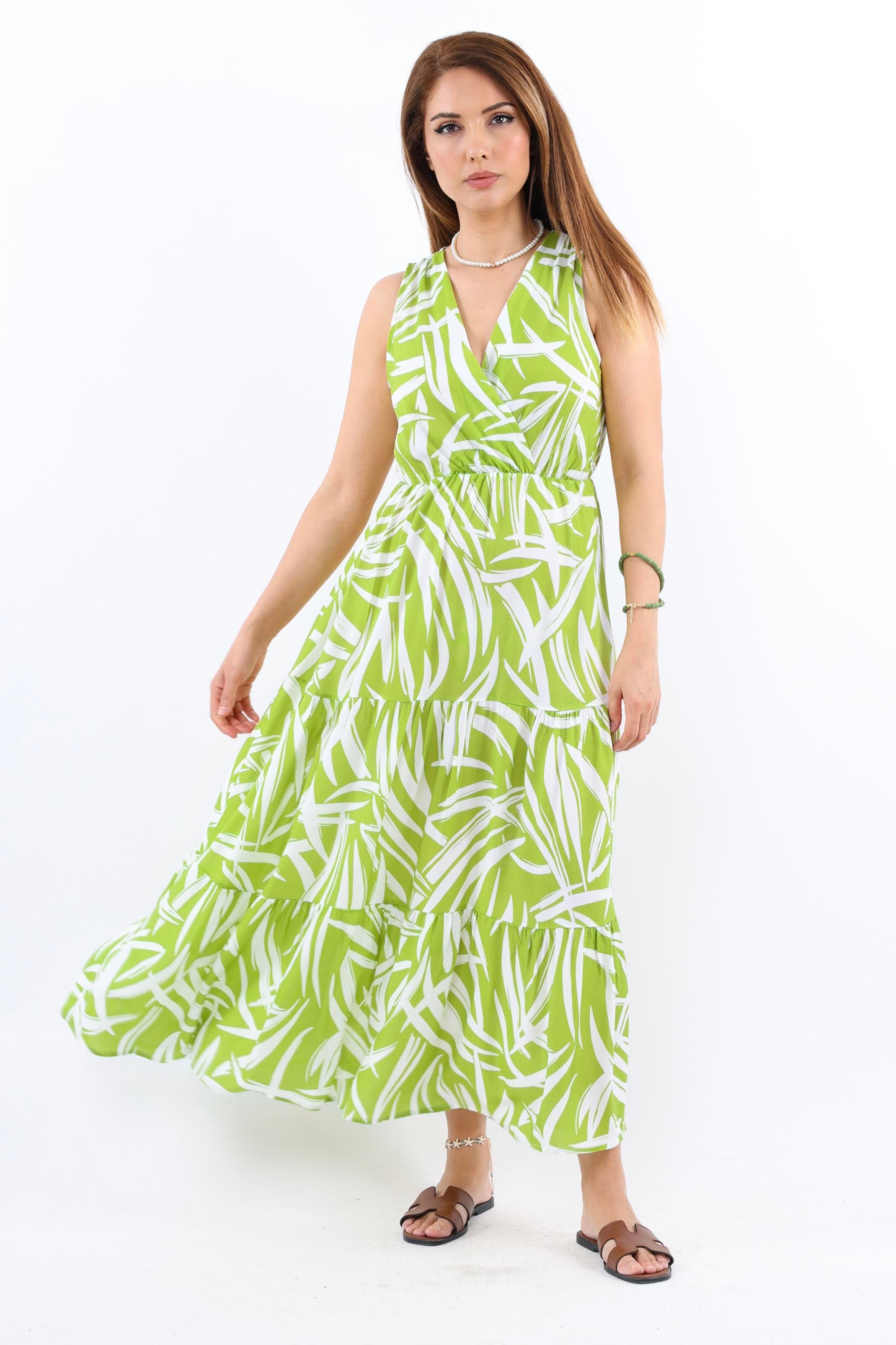 Kadın Santorini Bel Lastikli Yeşil Viskon Elbise