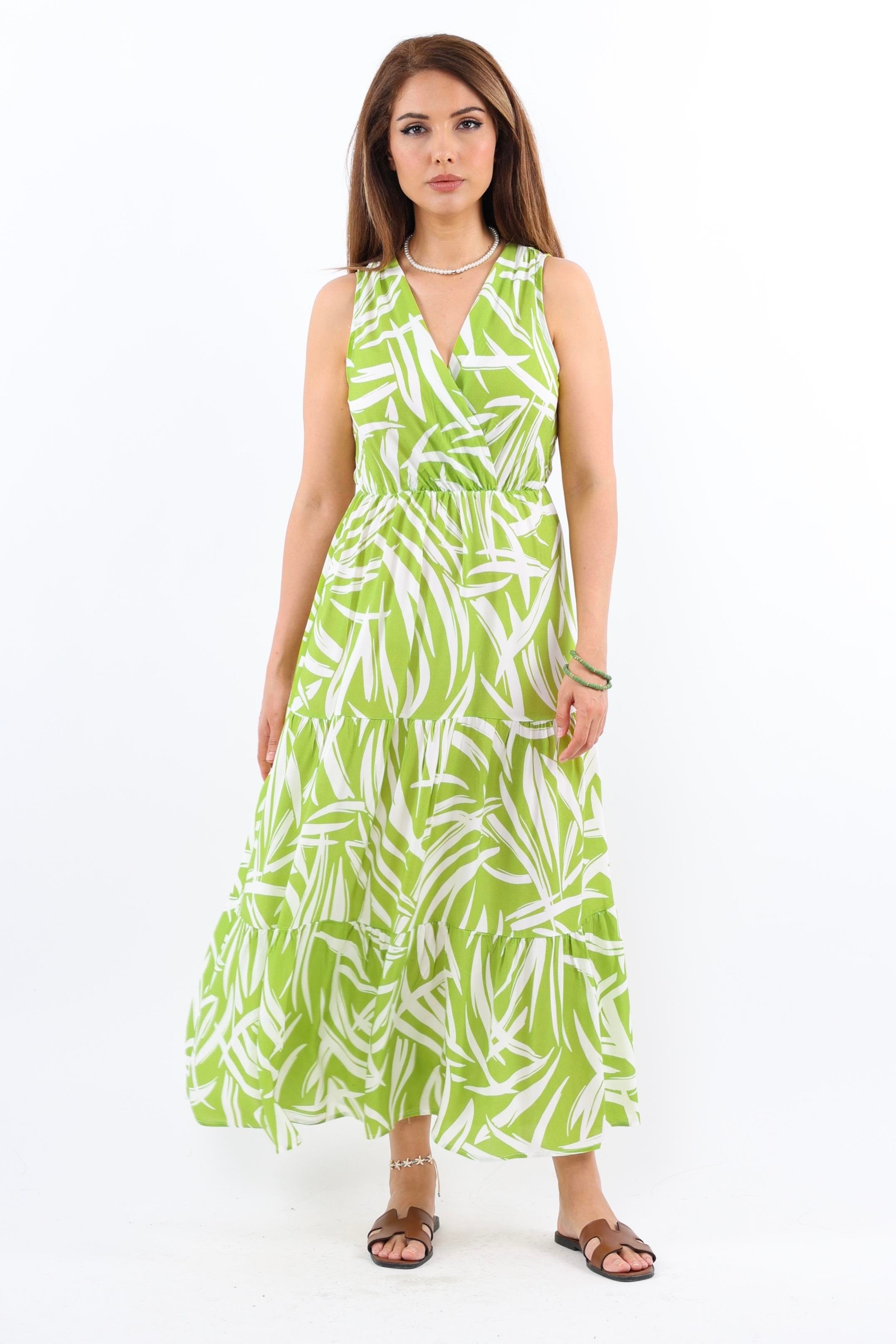 Kadın Santorini Bel Lastikli Yeşil Viskon Elbise