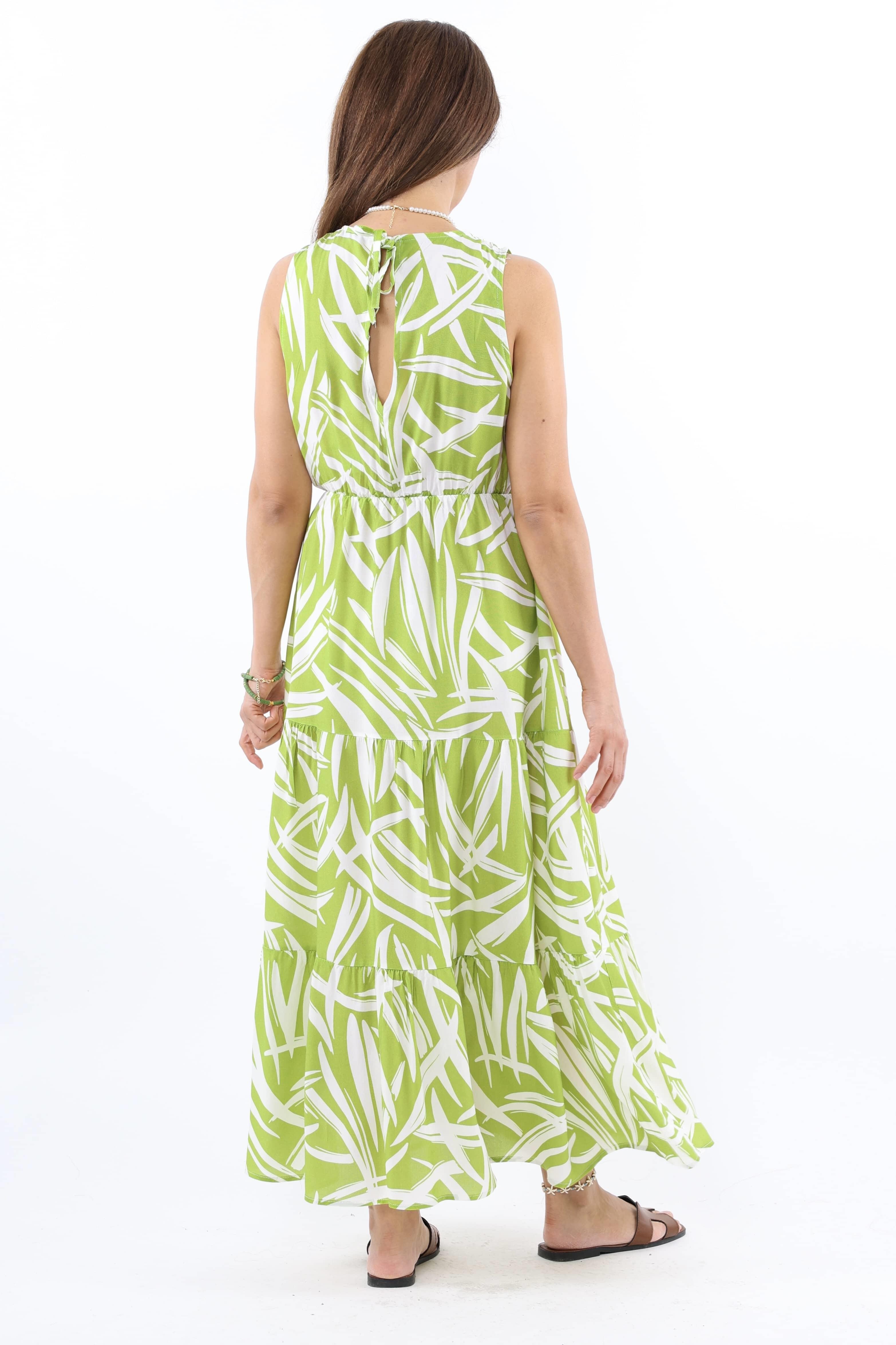 Kadın Santorini Bel Lastikli Yeşil Viskon Elbise