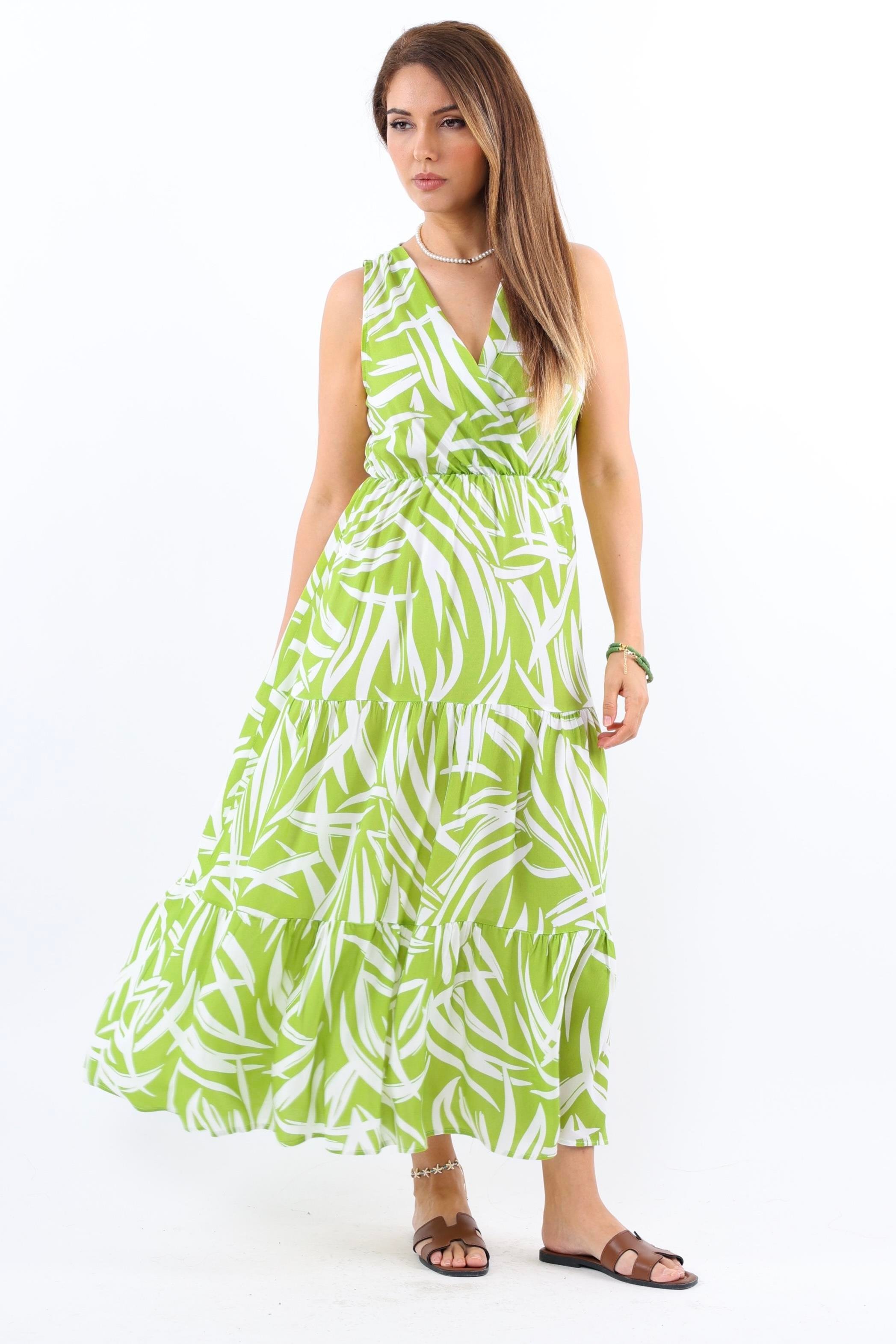 Kadın Santorini Bel Lastikli Yeşil Viskon Elbise