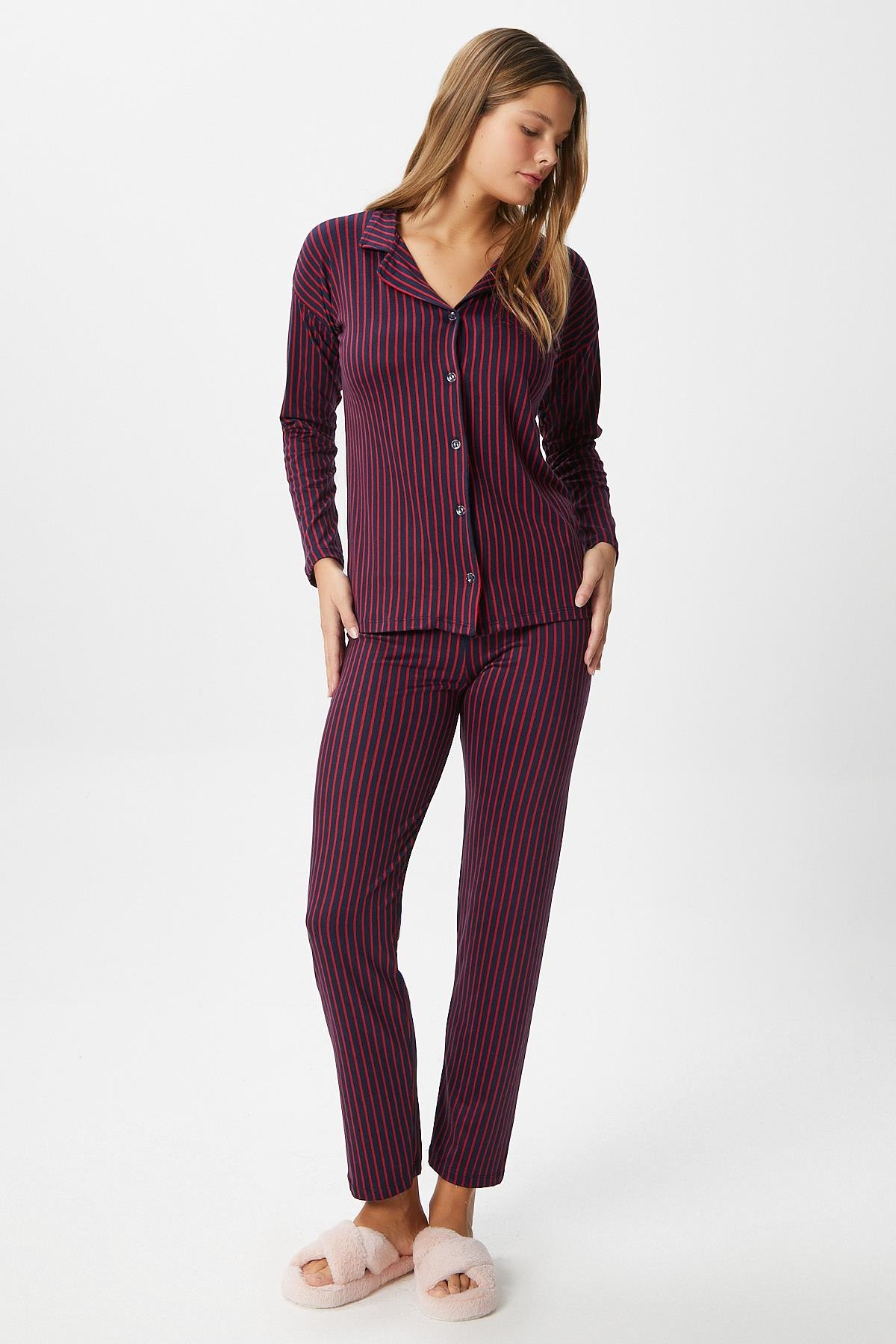 Kadın Secret Extra Soft Lacivert Bordo Çizgili Pijama Takımı