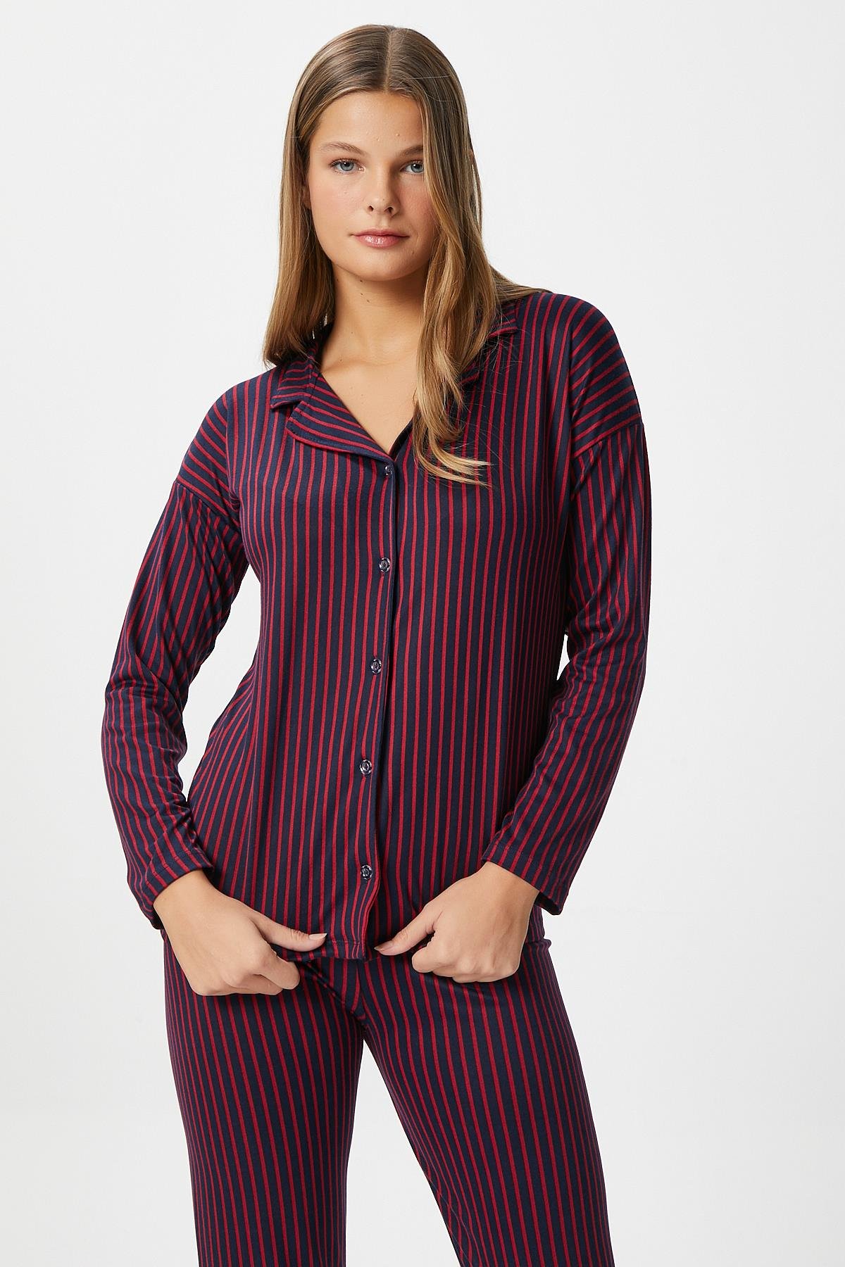 Kadın Secret Extra Soft Lacivert Bordo Çizgili Pijama Takımı