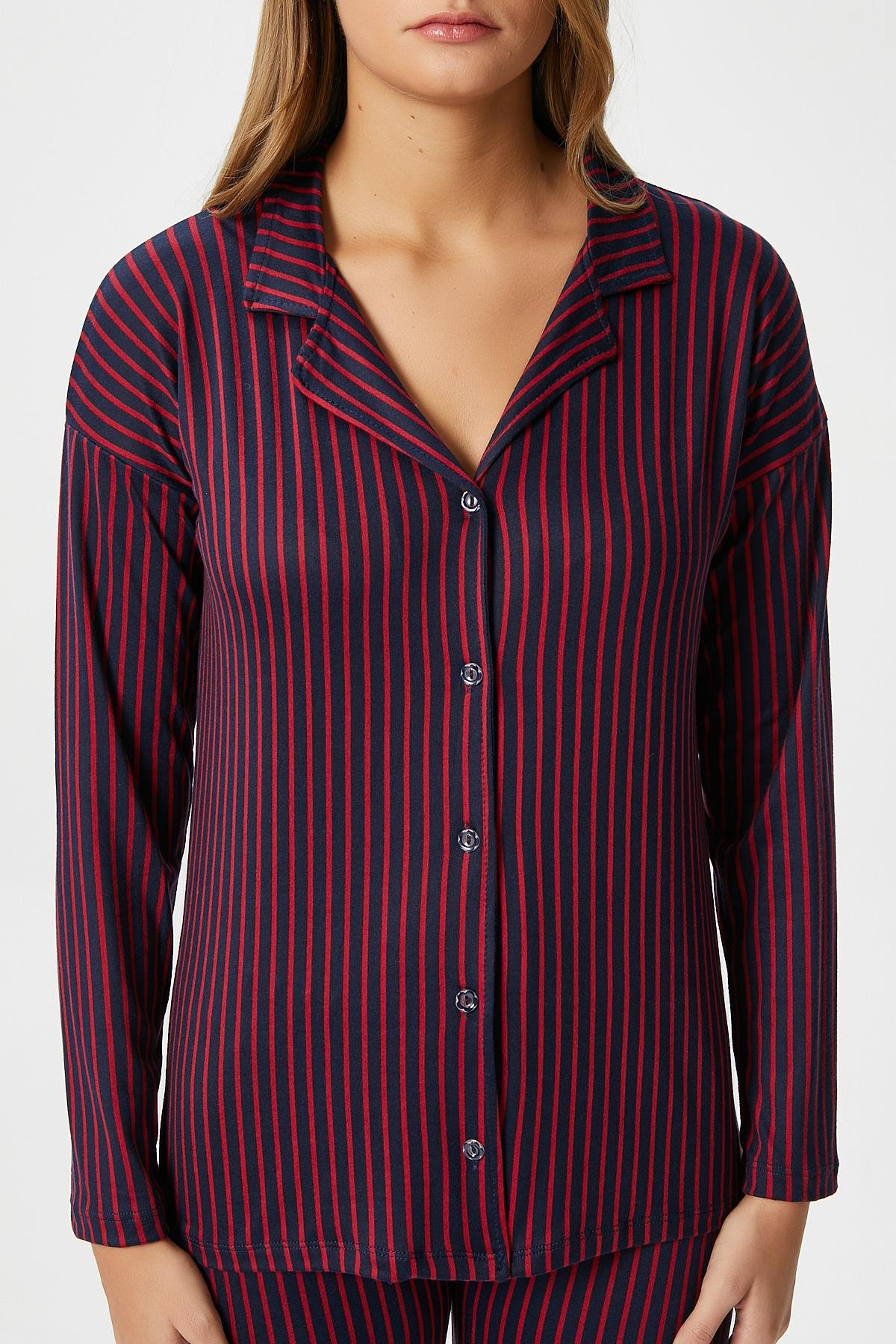 Kadın Secret Extra Soft Lacivert Bordo Çizgili Pijama Takımı