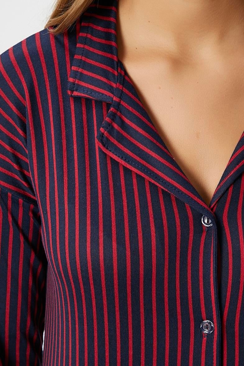 Kadın Secret Extra Soft Lacivert Bordo Çizgili Pijama Takımı